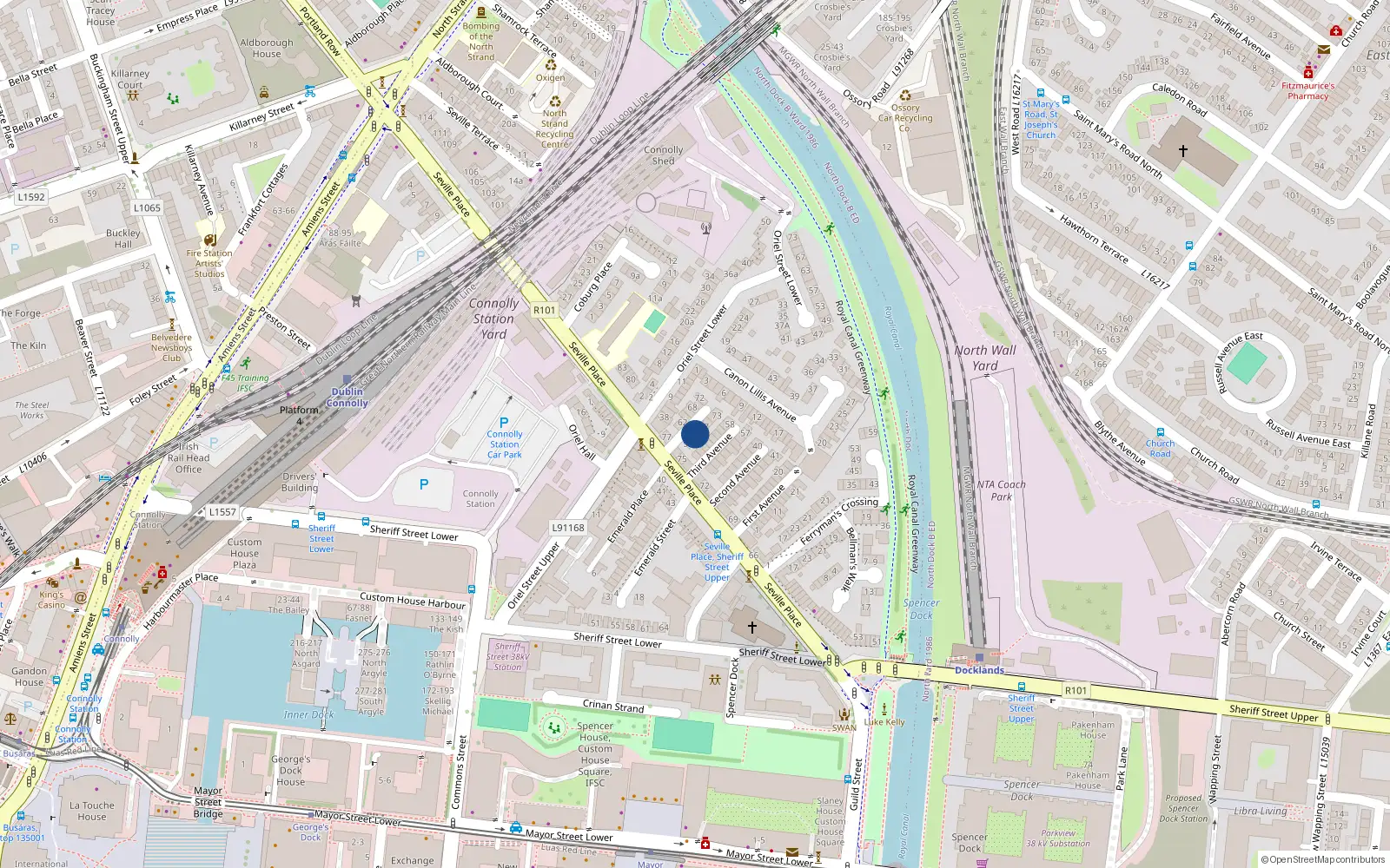 Overhead map showing the location of 63 Fourth Avenue, Seville Place, Dublin 1