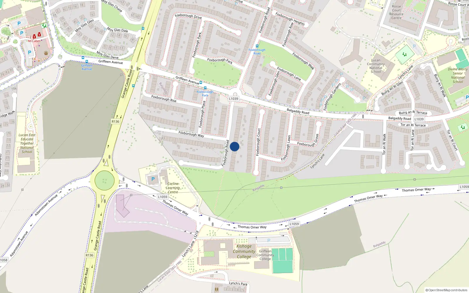 Overhead map showing the location of 63 Foxborough Road, Lucan