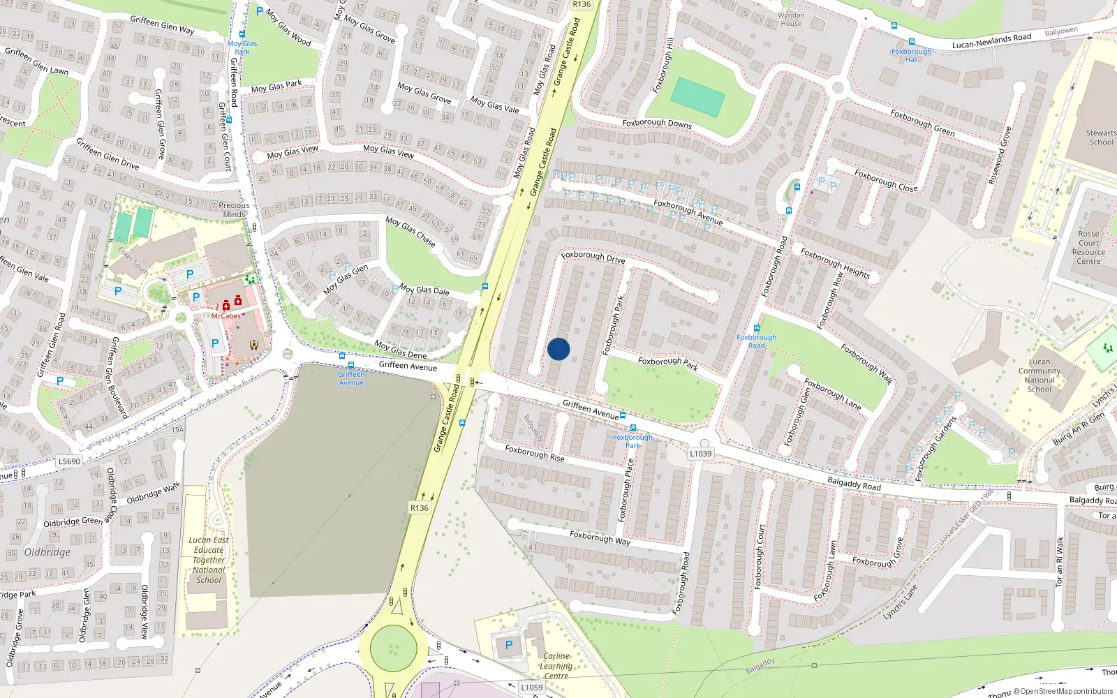 Overhead map showing the location of 63 Foxborough Drive, Lucan
