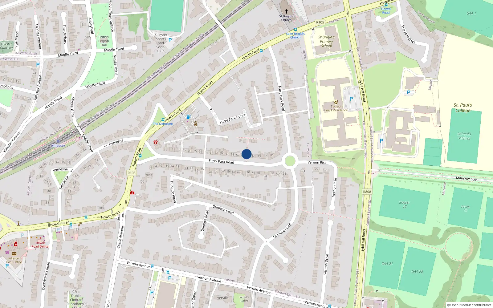 Overhead map showing the location of 63 Furry Park Road, Dublin 5