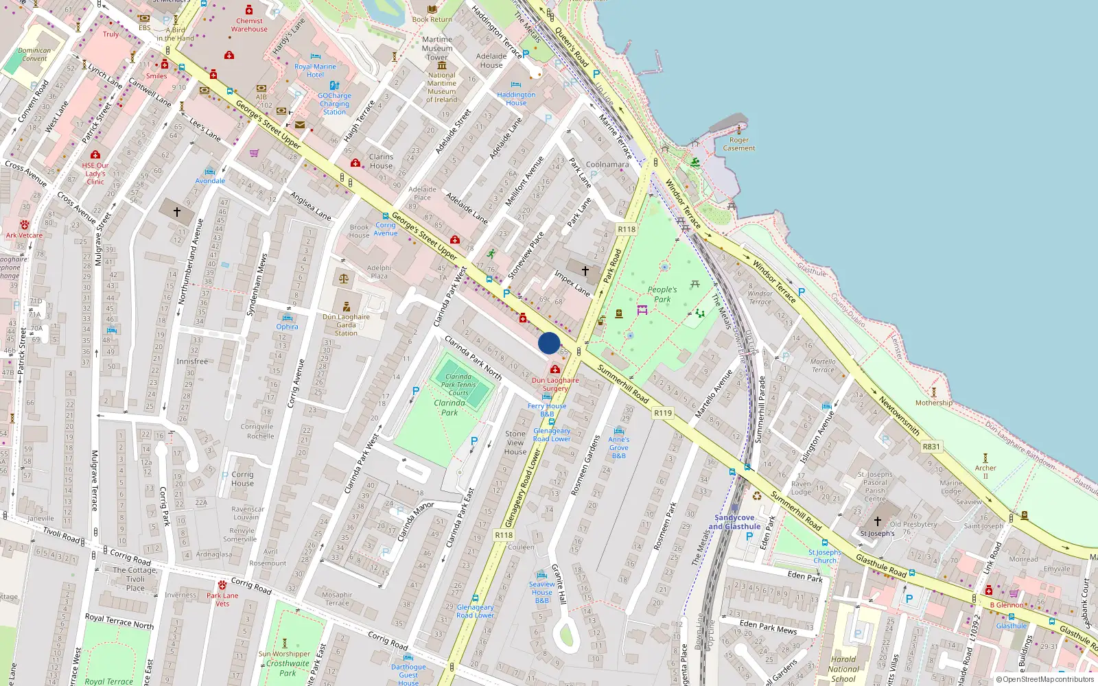 Overhead map showing the location of 63 George's Street Upper, Co Dublin