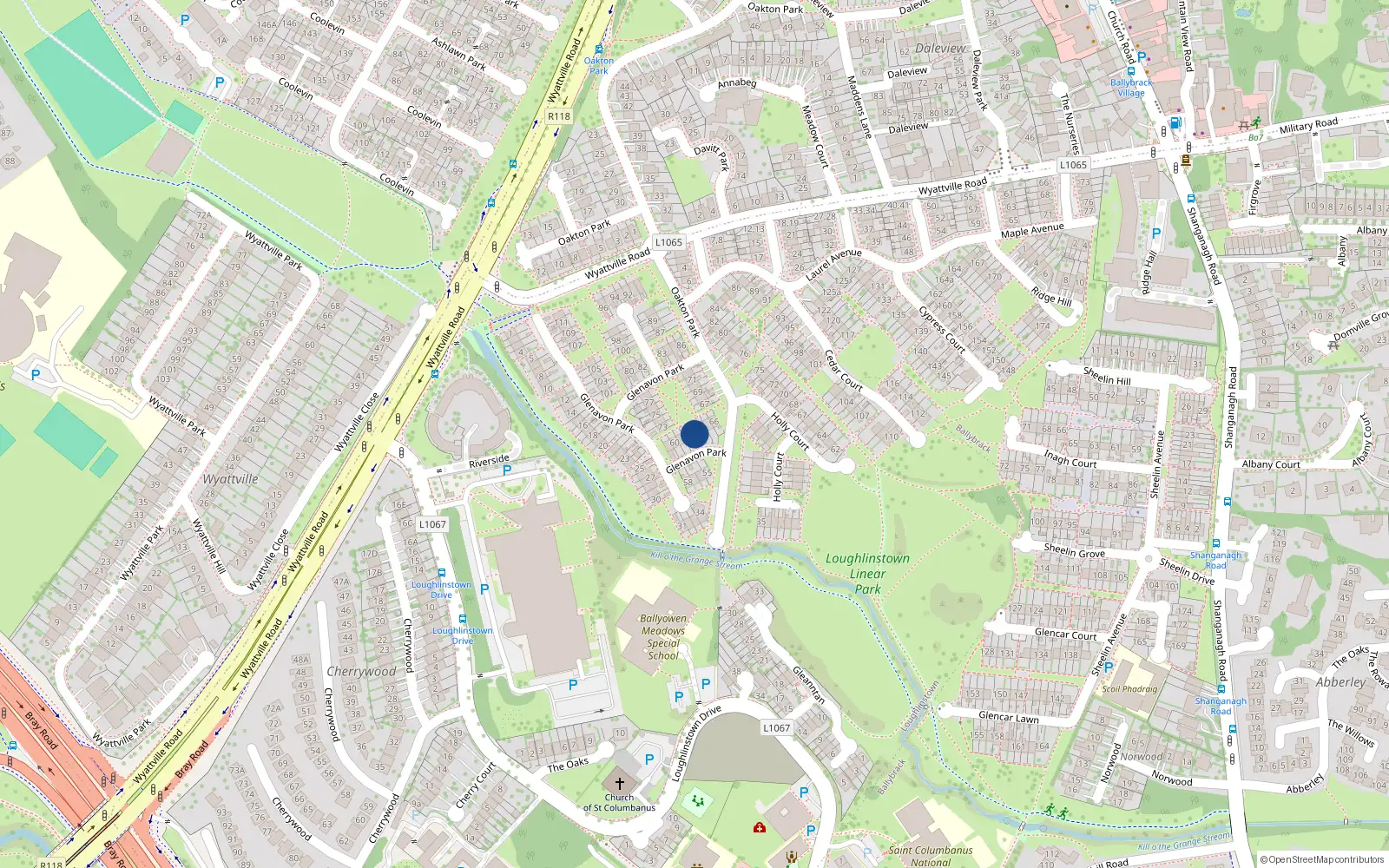 Overhead map showing the location of 63 Glenavon Park, Dublin