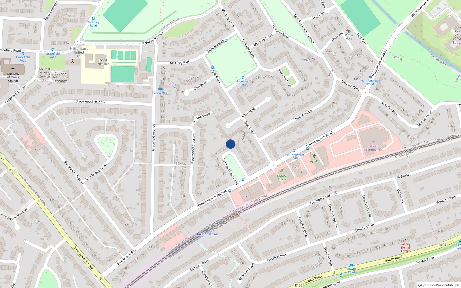 Overhead map showing the location of 63A Harmonstown Road, Dublin 5
