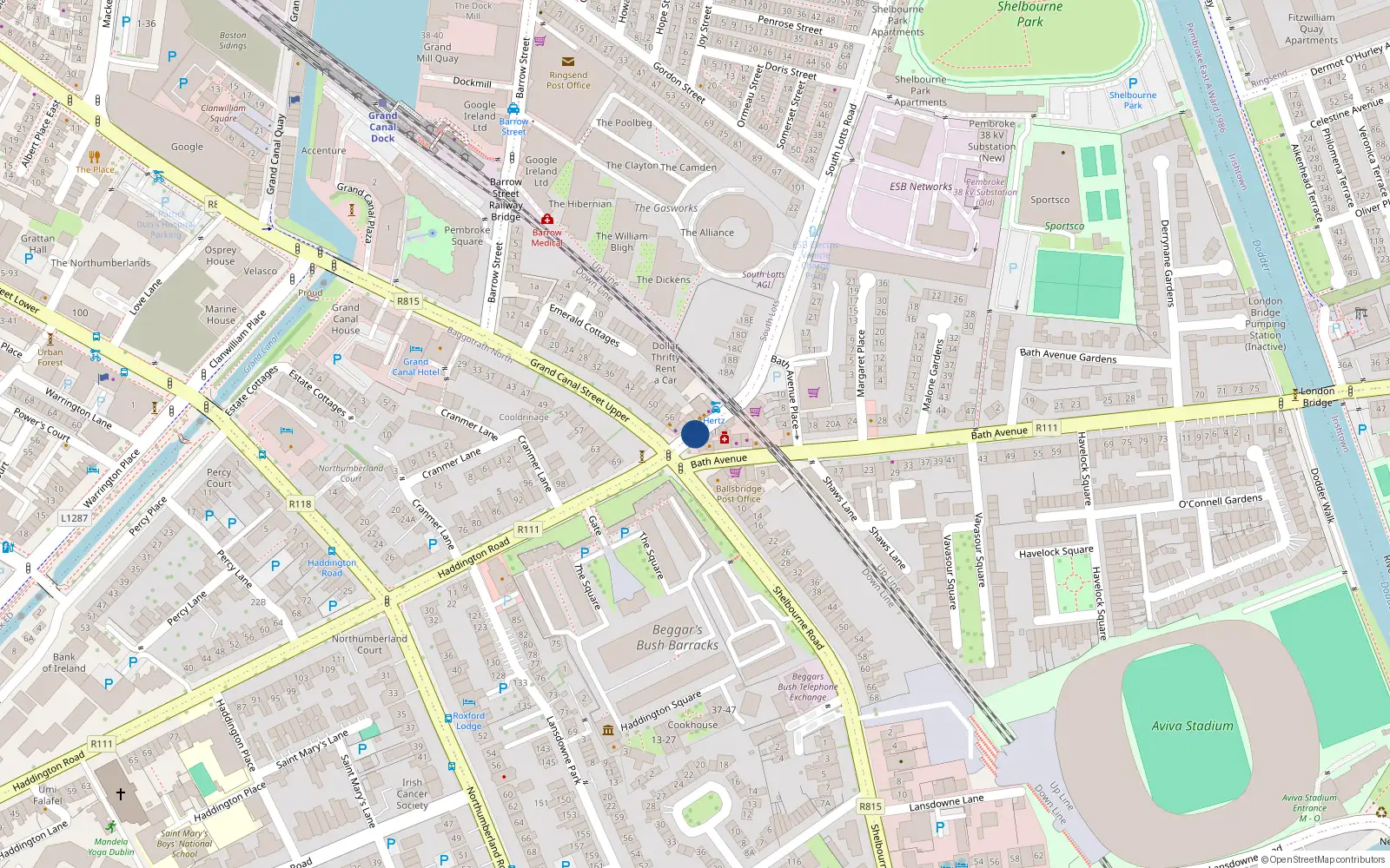 Overhead map showing the location of 63 Hibernian, South Lotts Road, South Lotts Road Dublin 4