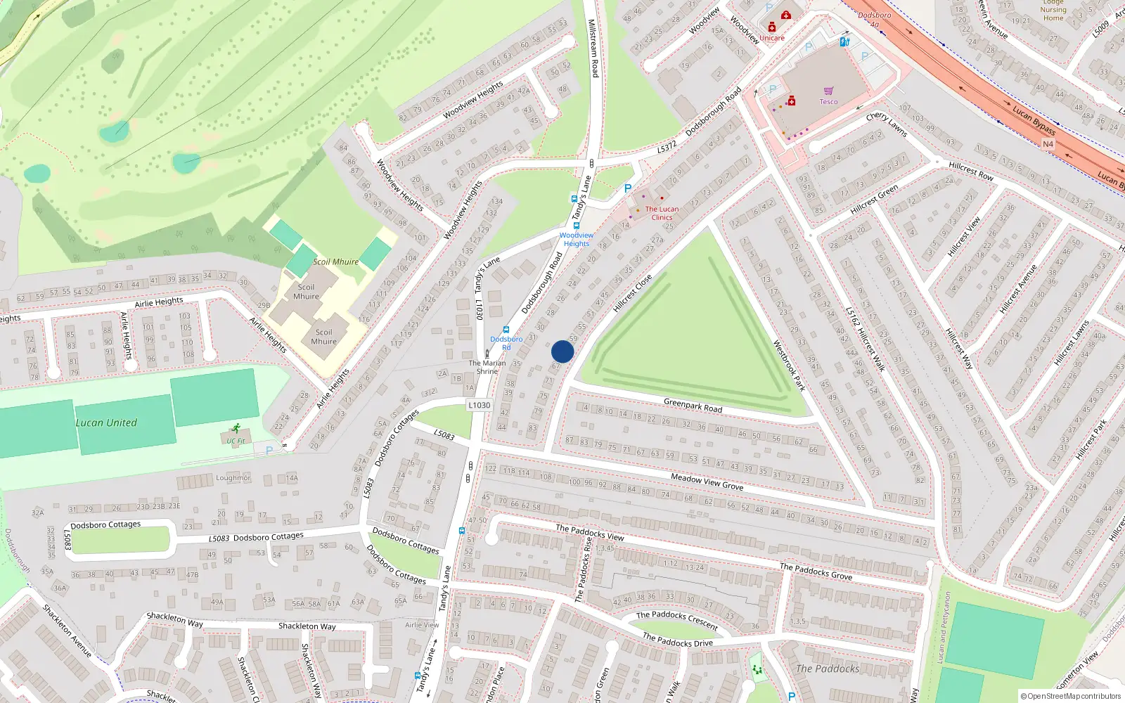 Overhead map showing the location of 63 Hillcrest Close, Lucan, Dublin
