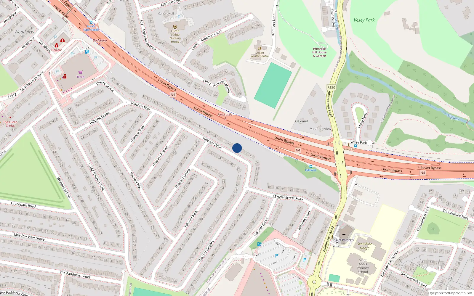 Overhead map showing the location of 63 Hillcrest Drive, Lucan