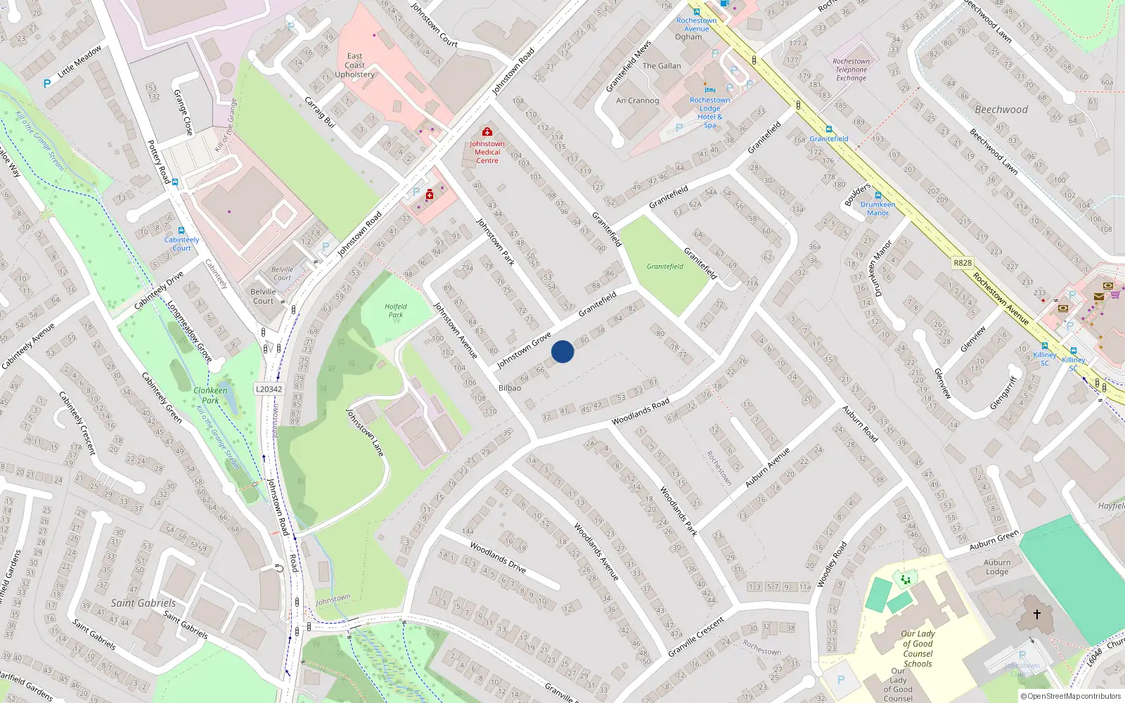 Overhead map showing the location of 63 Johnstown Grove, Cabinteely, Dublin