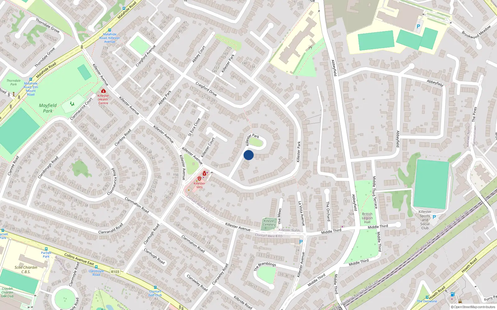 Overhead map showing the location of 63 Killester Park, Dublin 5