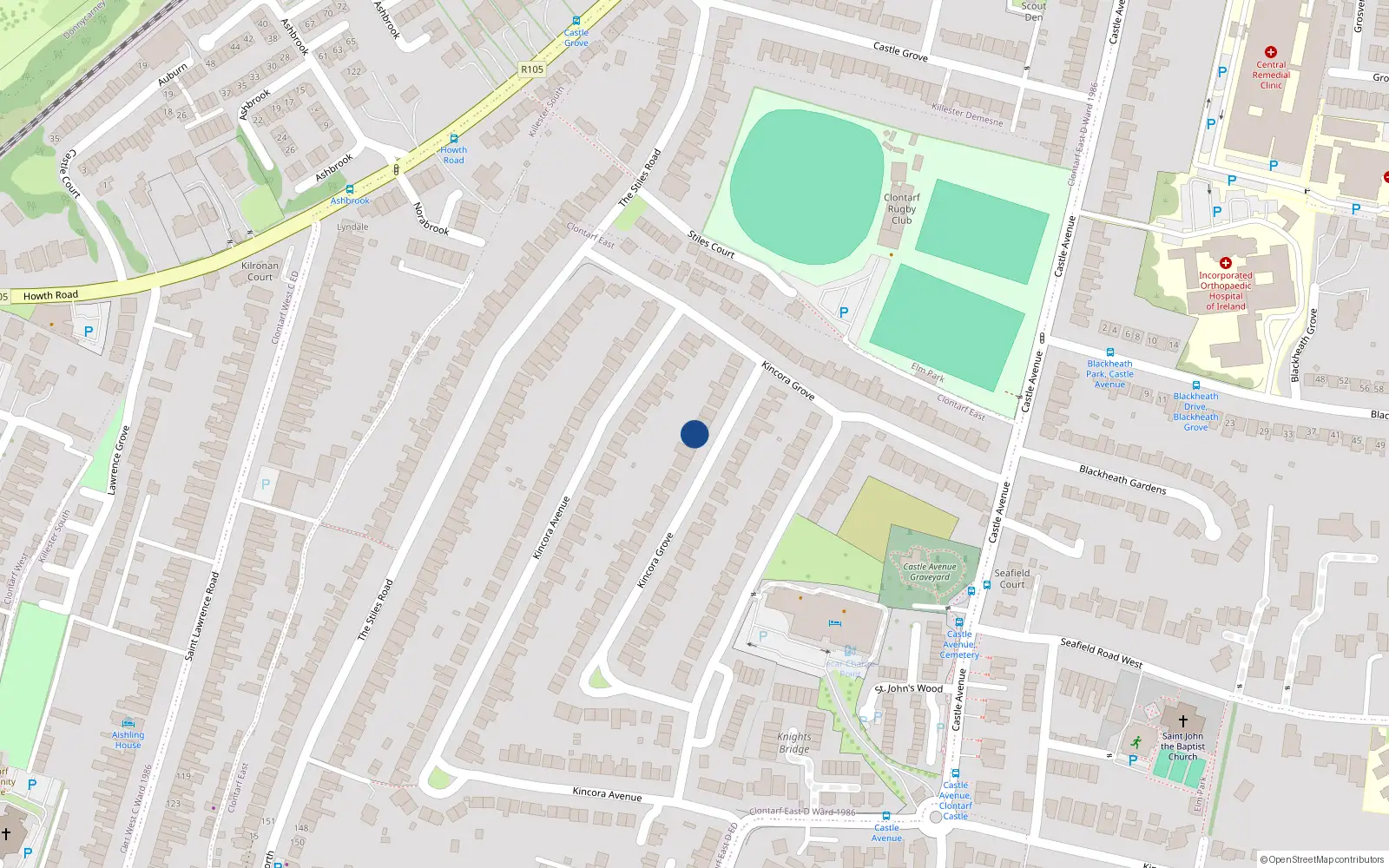 Overhead map showing the location of 63 Kincora Drive, Dublin 3