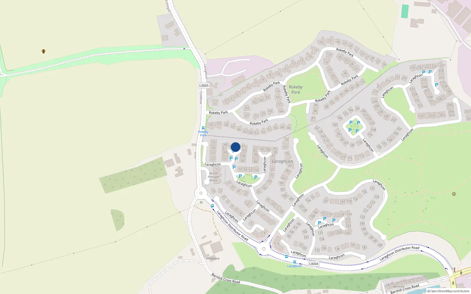 Overhead map showing the location of 63 Laraghcon, Lucan