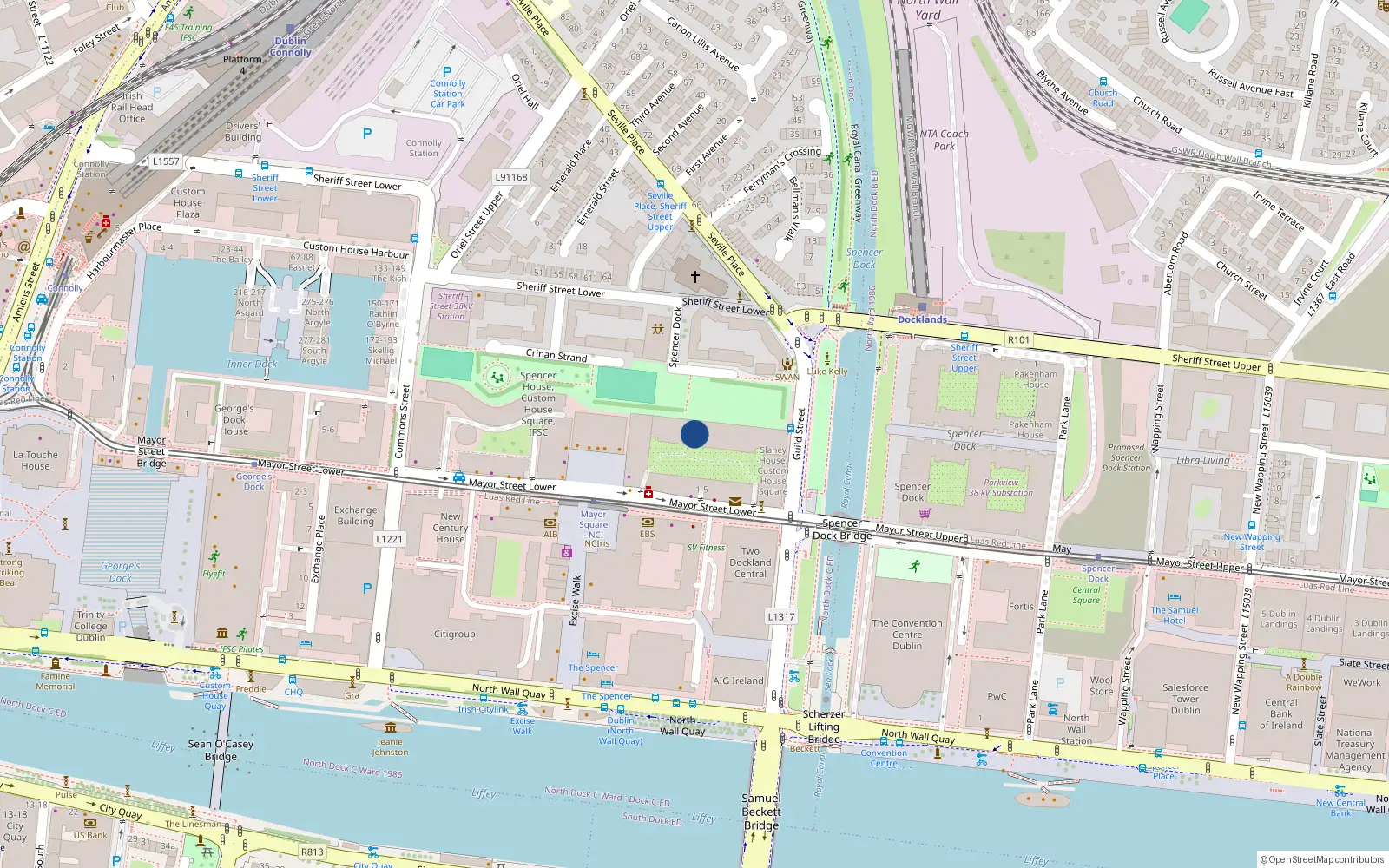 Overhead map showing the location of 63 Lee House, Custom House Square, Mayor St Lower