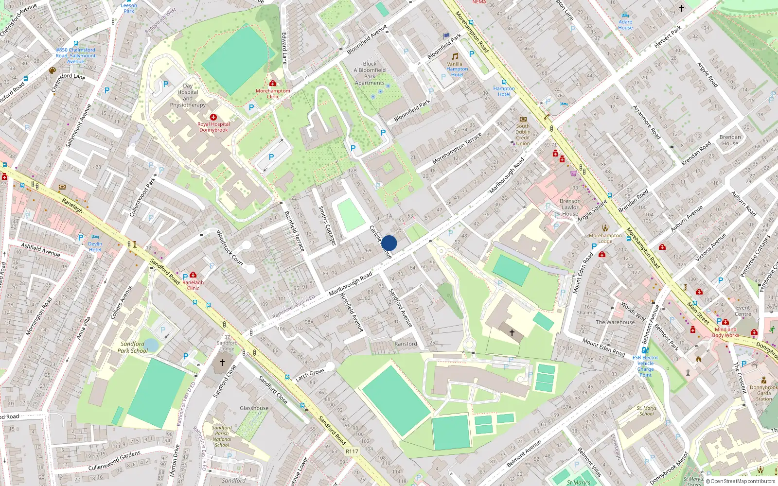 Overhead map showing the location of 63 Marlborough Road, Donnybrook