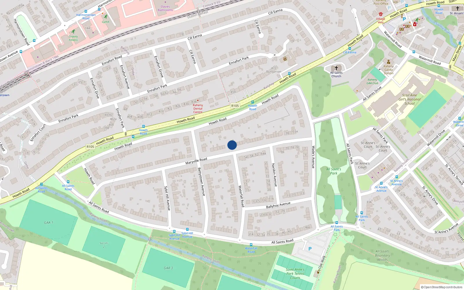 Overhead map showing the location of 63 Maryville Road, St Annes Estate, Raheny