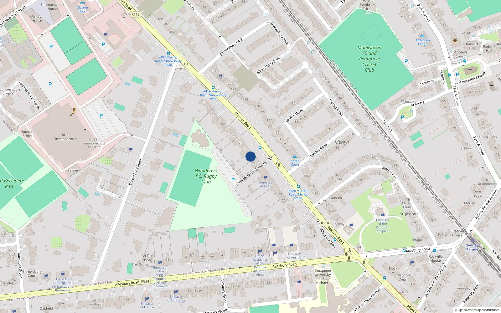 Overhead map showing the location of 63 Merrion Road, Ballsbridge