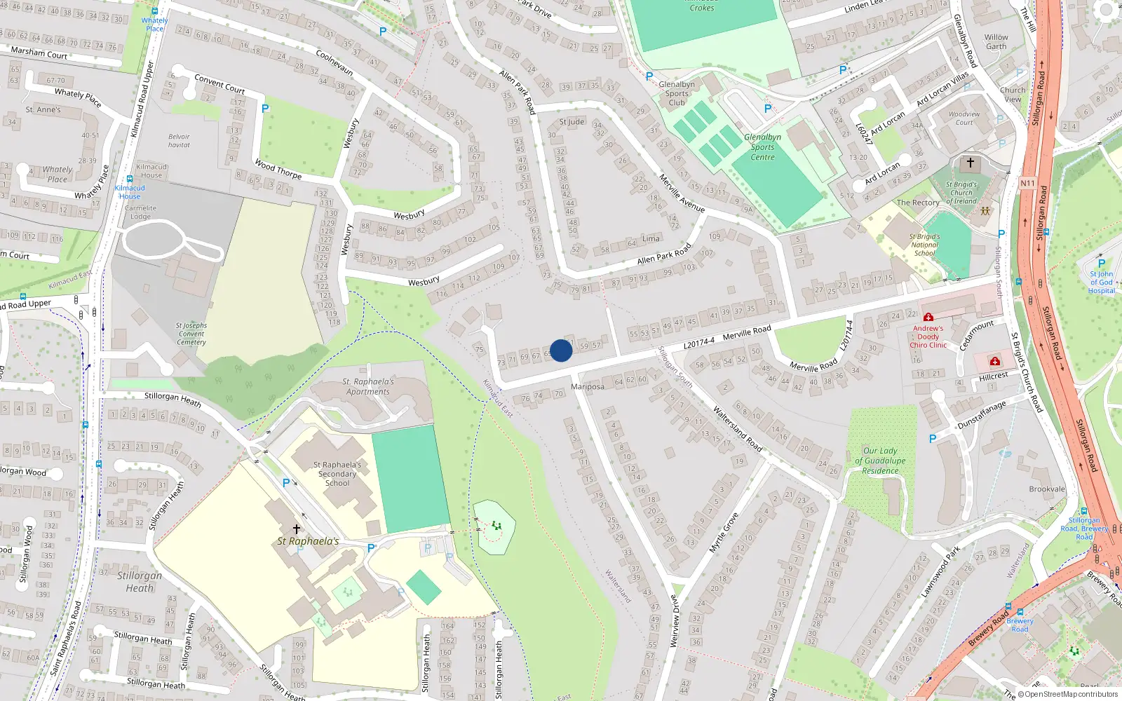 Overhead map showing the location of 63 Merville Road, Dublin