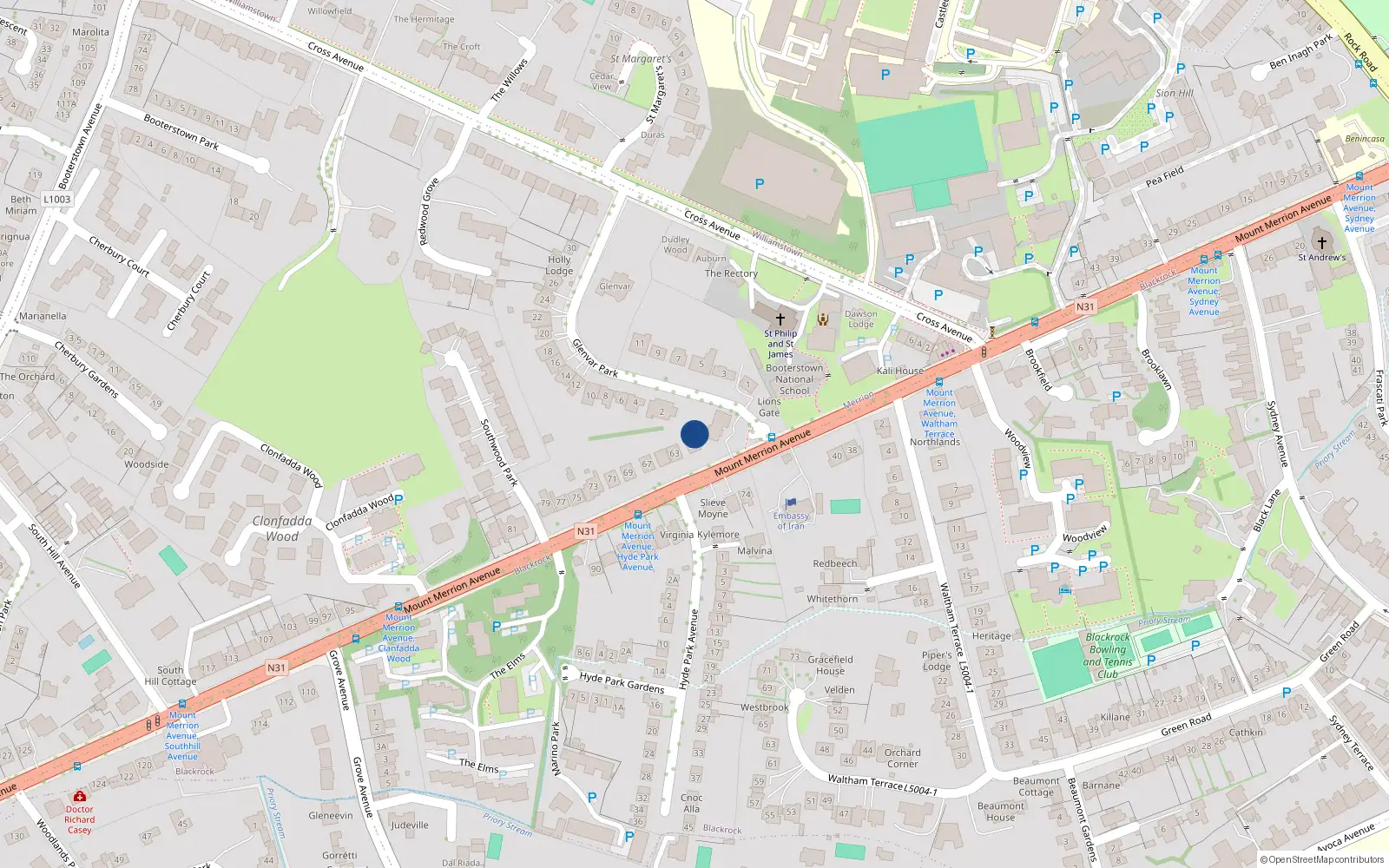 Overhead map showing the location of 63 Mount Merrion Avenue, Blackrock