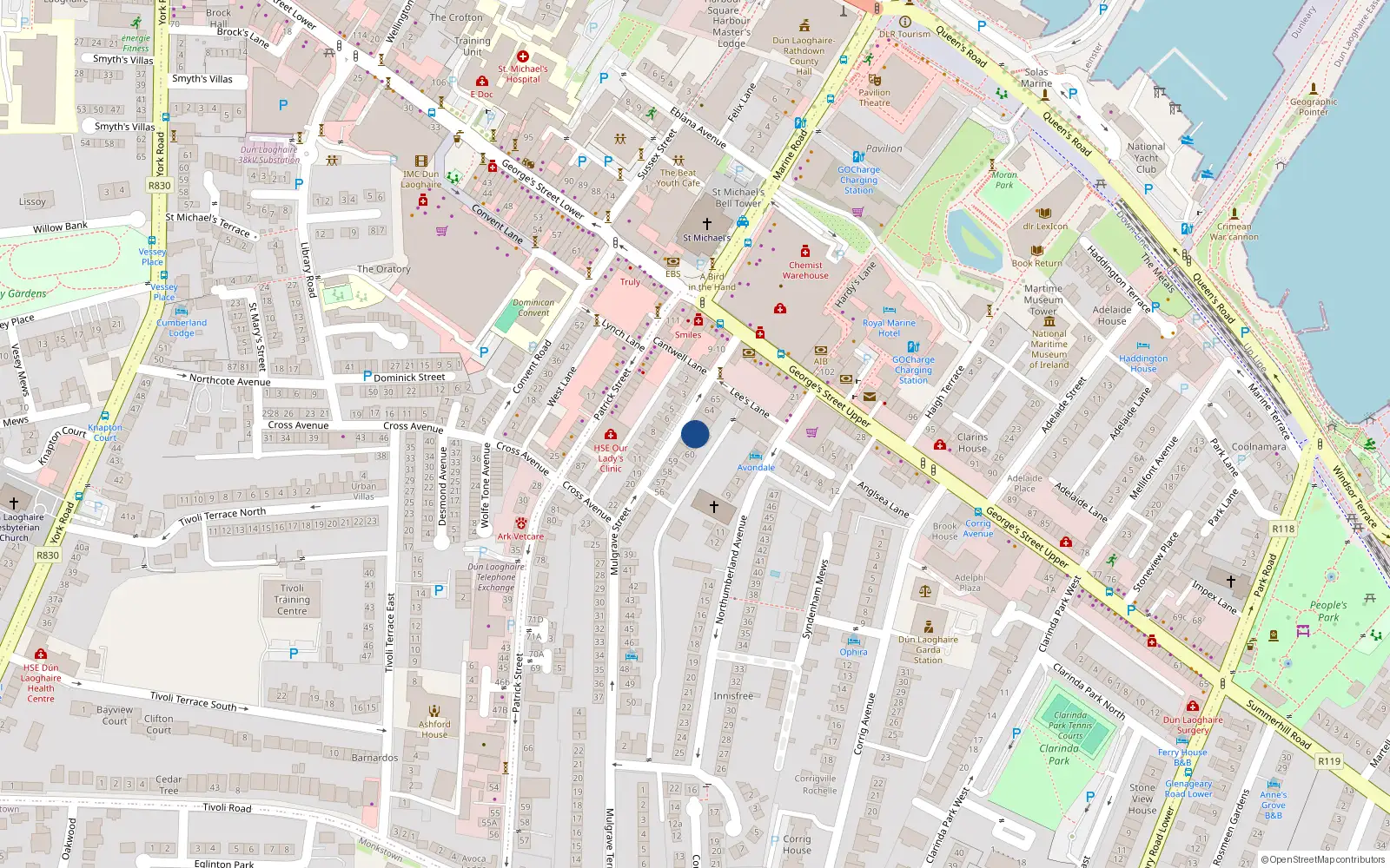 Overhead map showing the location of 63 Mulgrave Street, Dun Laoghaire, Co. Dublin