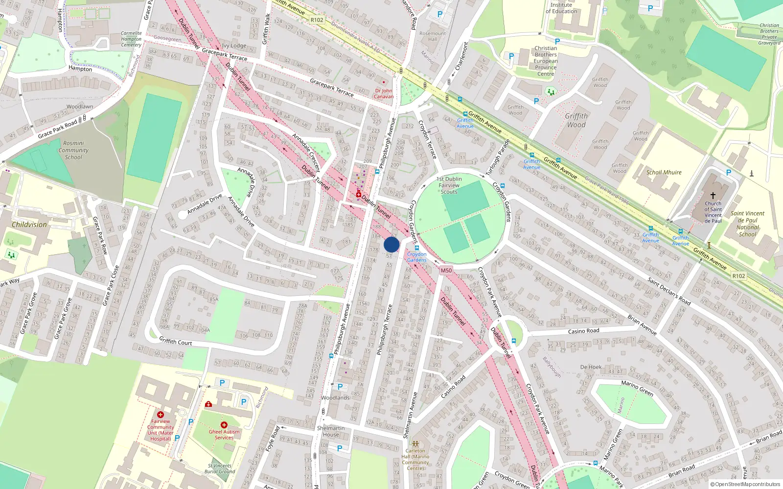 Overhead map showing the location of 63 Philipsburgh Terrace, Marino, Dublin 3