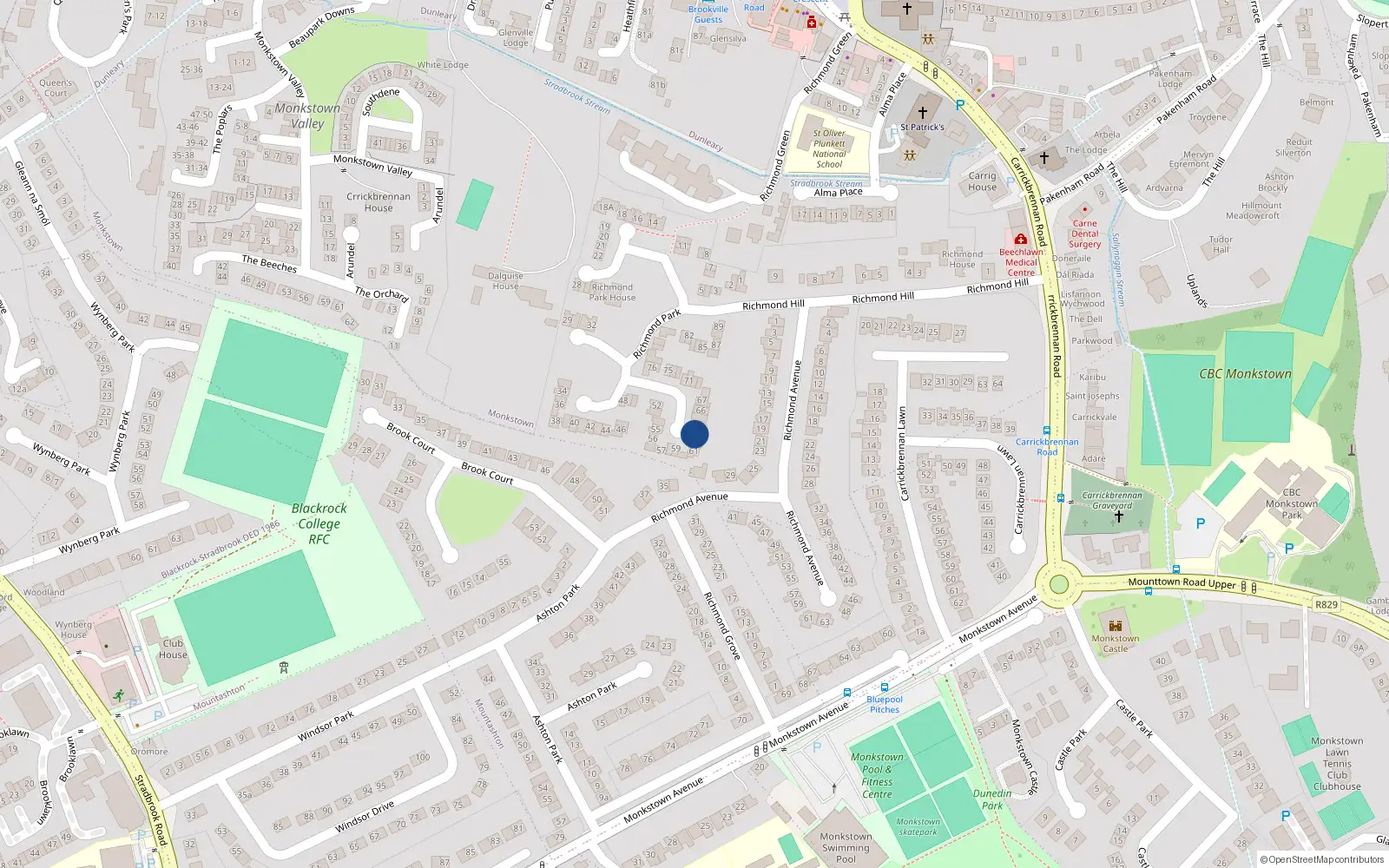 Overhead map showing the location of 63 Richmond Park, Monkstown, Dublin