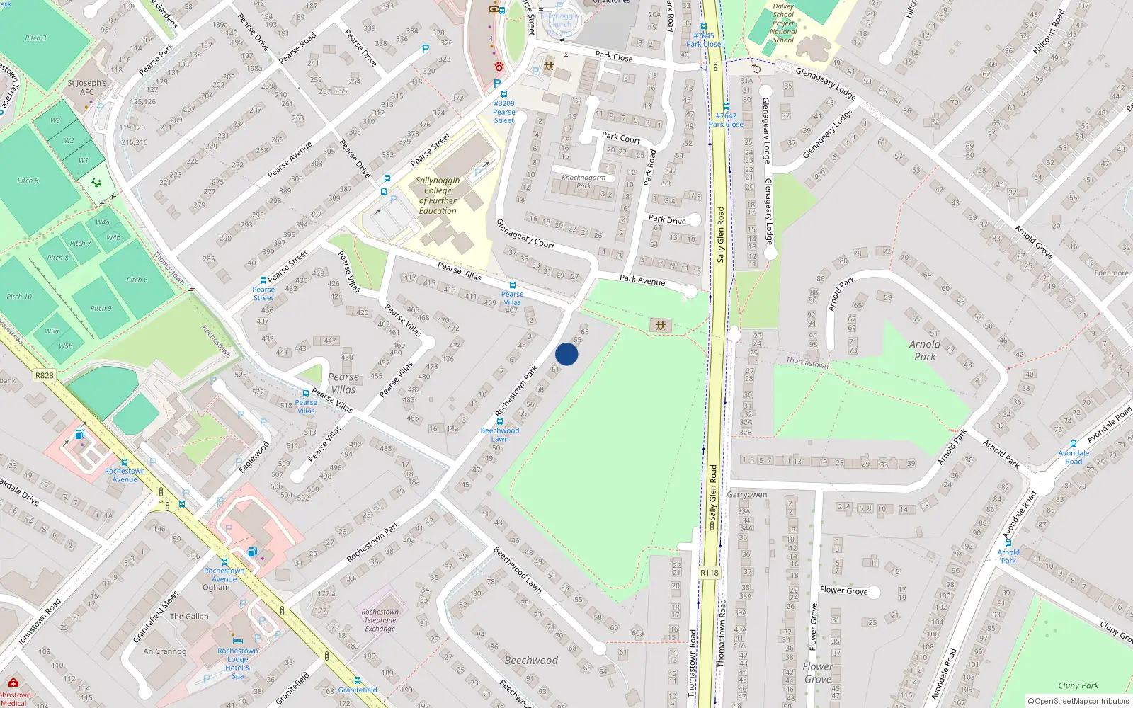 Overhead map showing the location of 63 Rochestown Park, Dun Laoghaire, Dublin