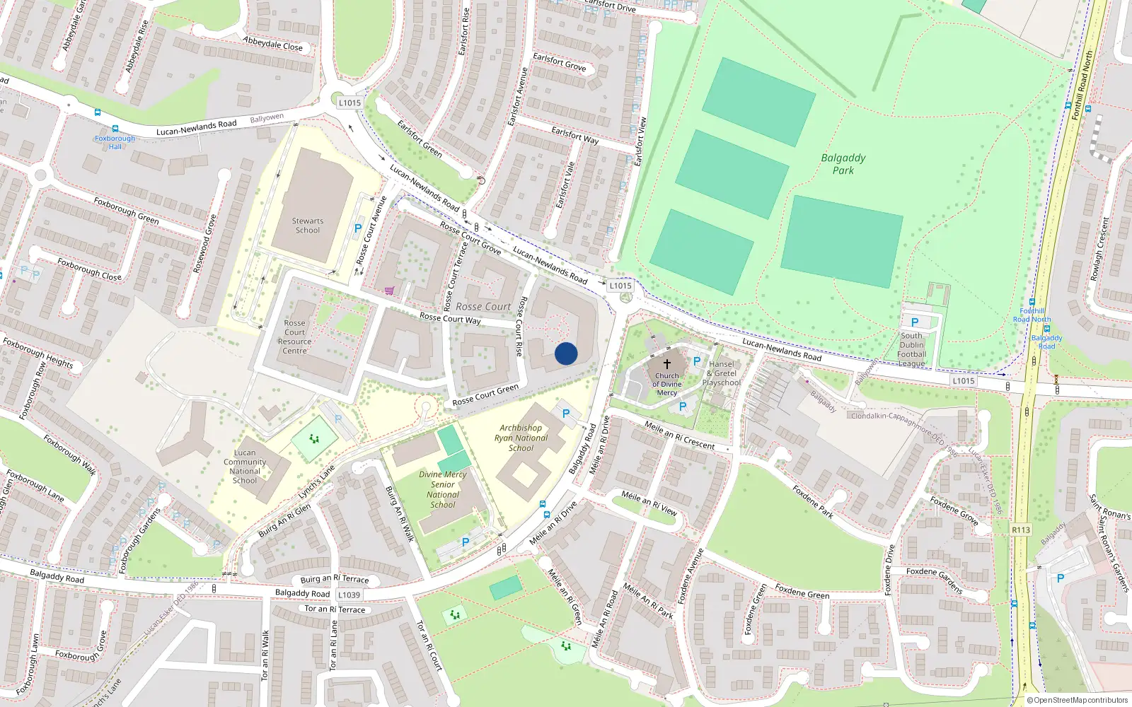 Overhead map showing the location of 63 Rossecourt Heights, Balgaddy Road, Lucan