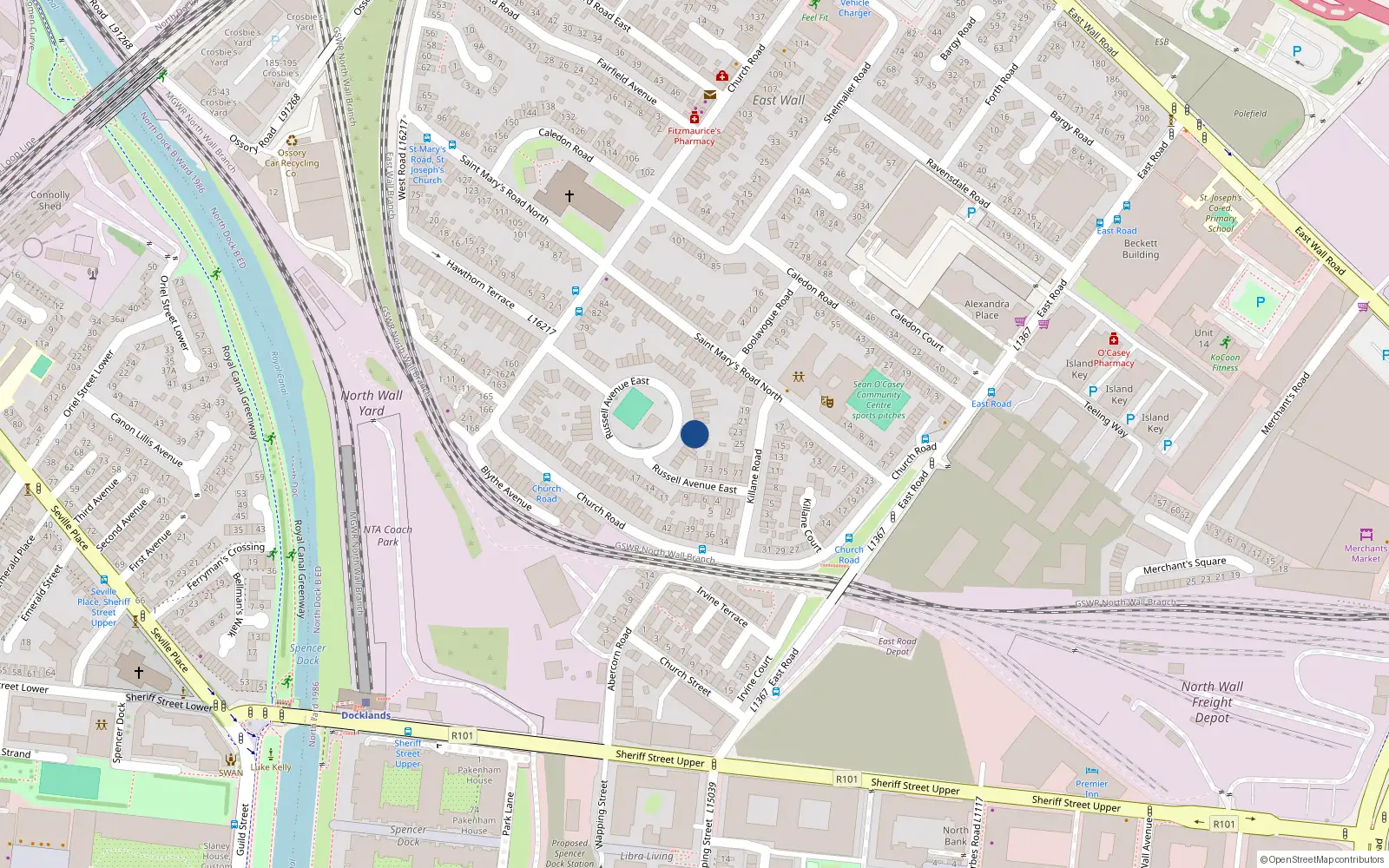 Overhead map showing the location of 63 Russell Avenue, East Wall, Dublin 3