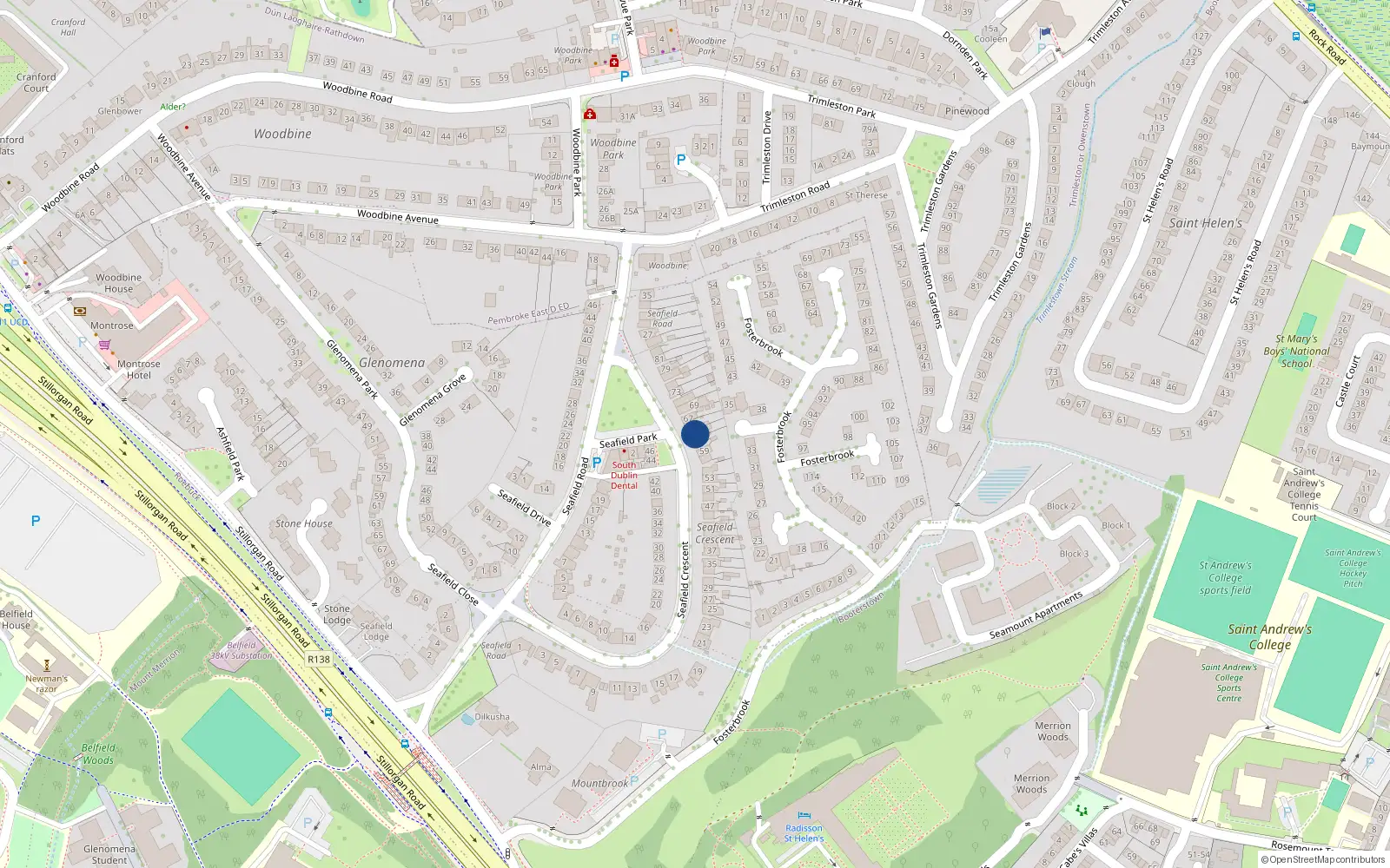 Overhead map showing the location of 63 Seafield Crescent, Blackrock