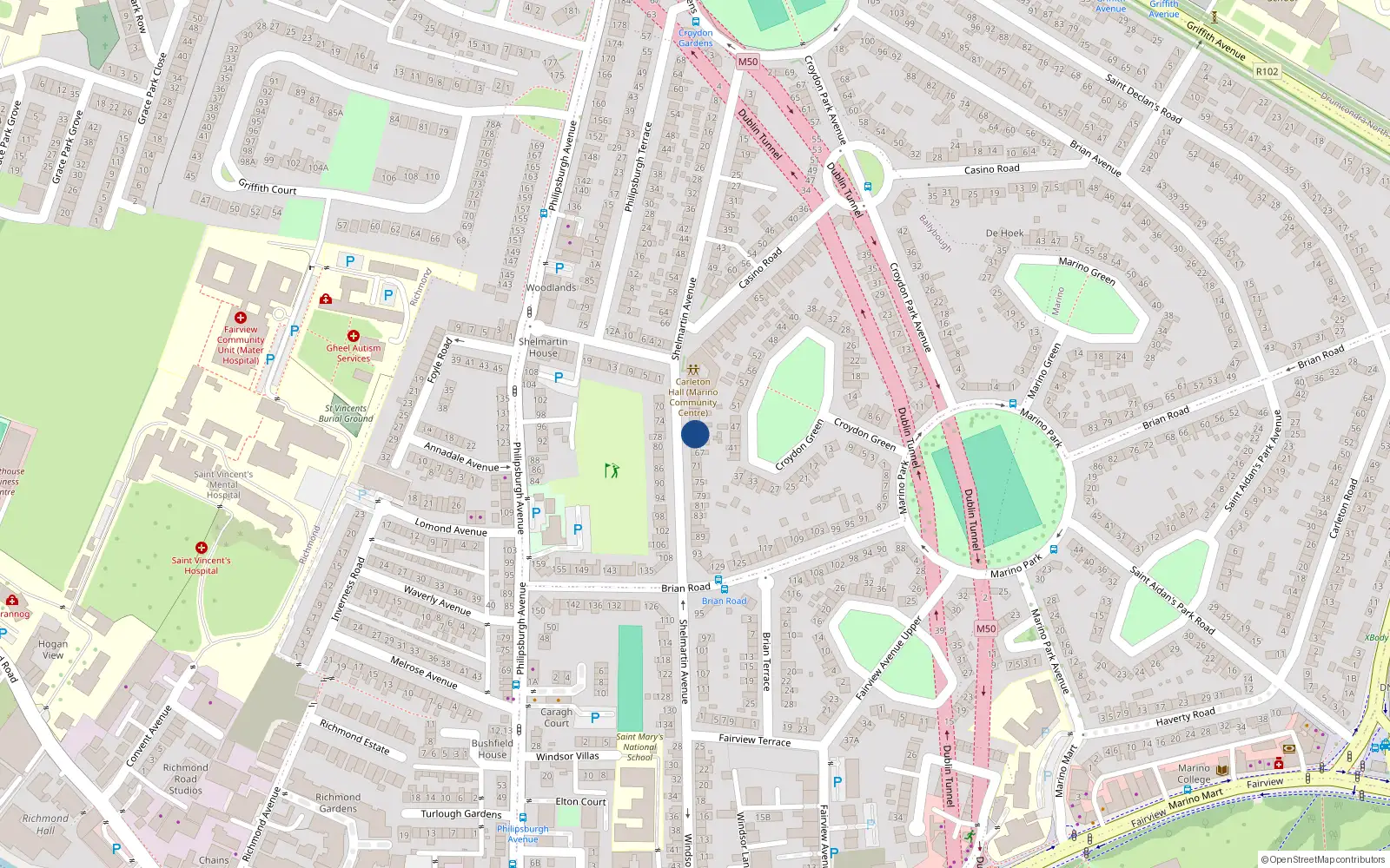 Overhead map showing the location of 63 Shelmartin Avenue, Marino, Dublin 3