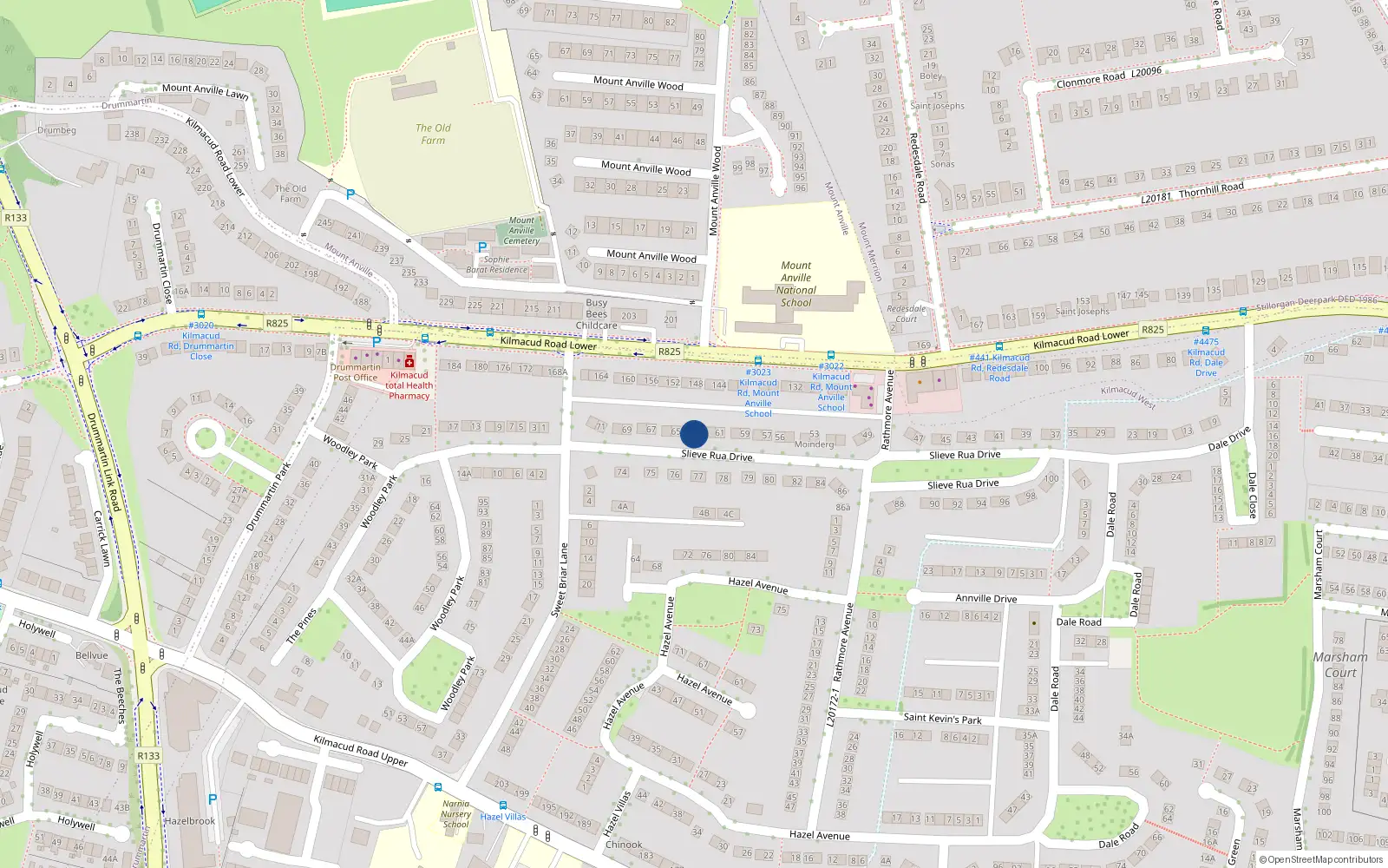 Overhead map showing the location of 63 Slieve Rua Drive, Stillorgan, Dublin