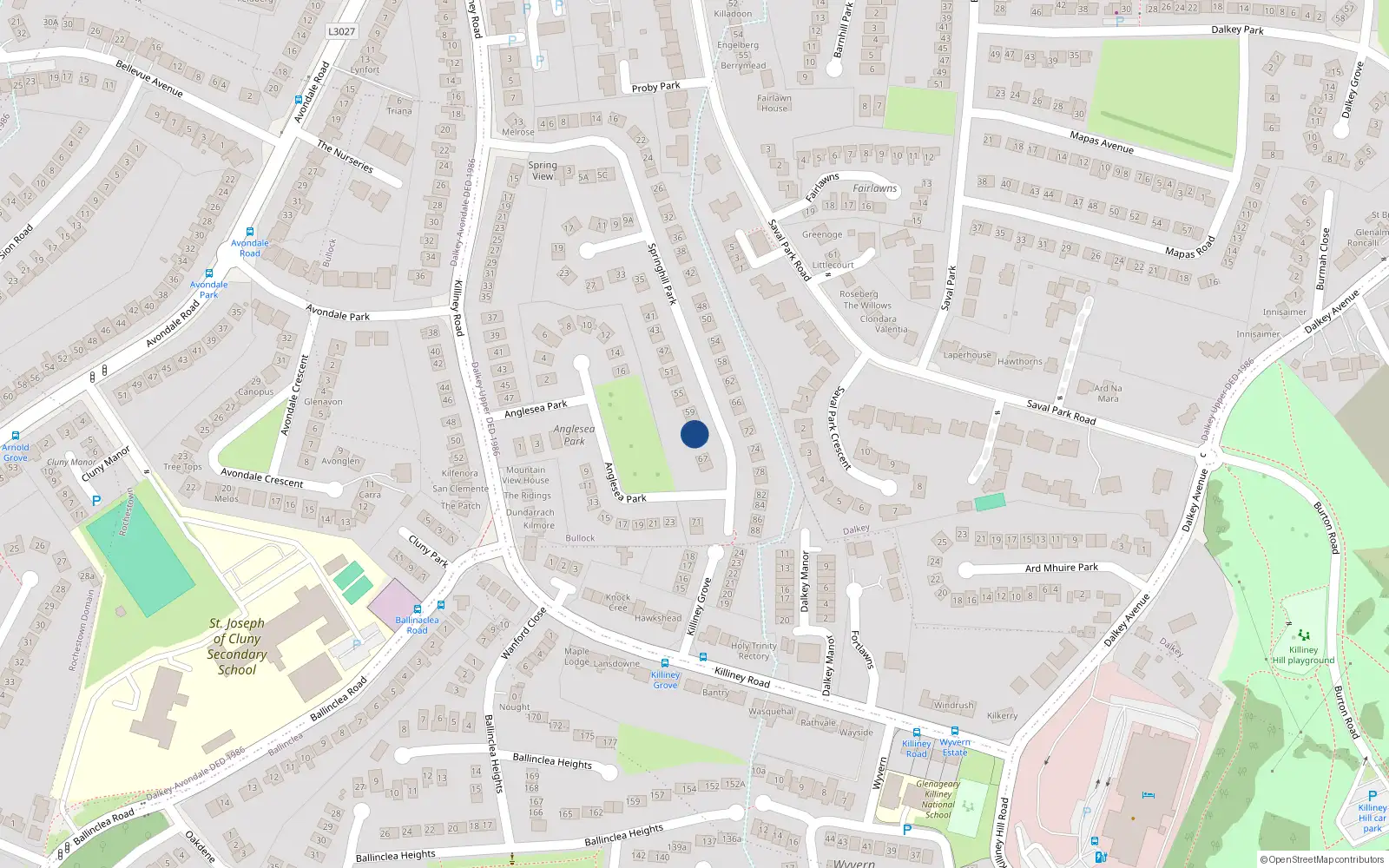 Overhead map showing the location of 63 Springhill Park, Killiney, Co Dublin