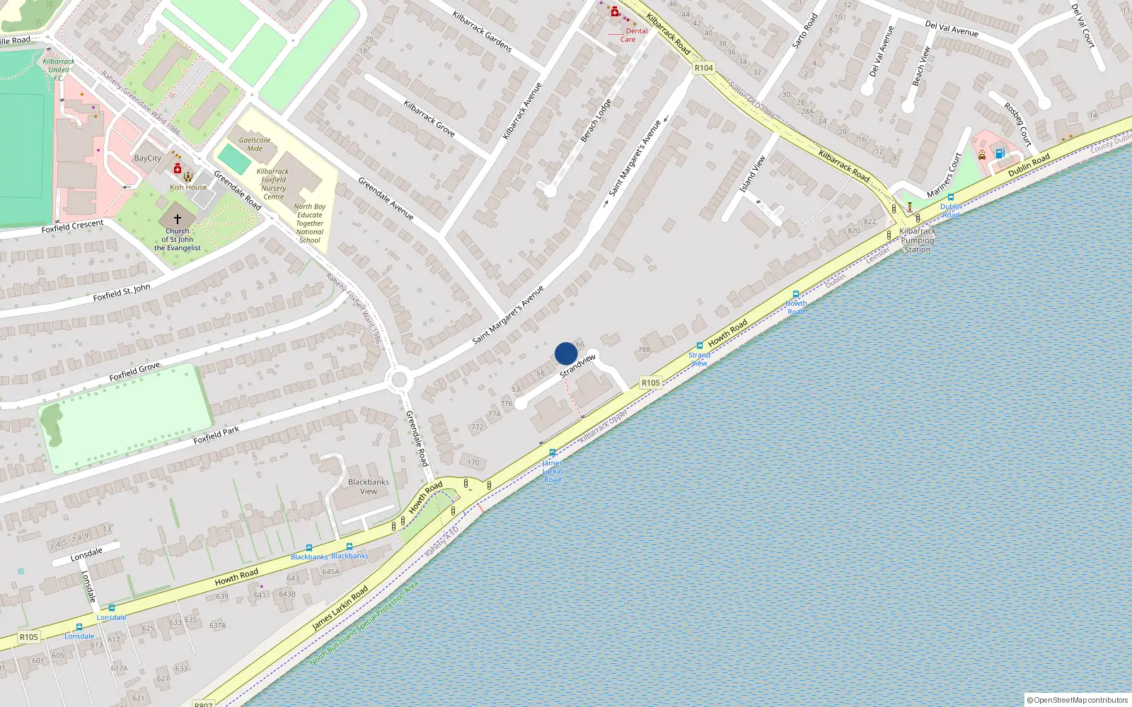 Overhead map showing the location of 63 Strand View, Howth Road, Dublin 5