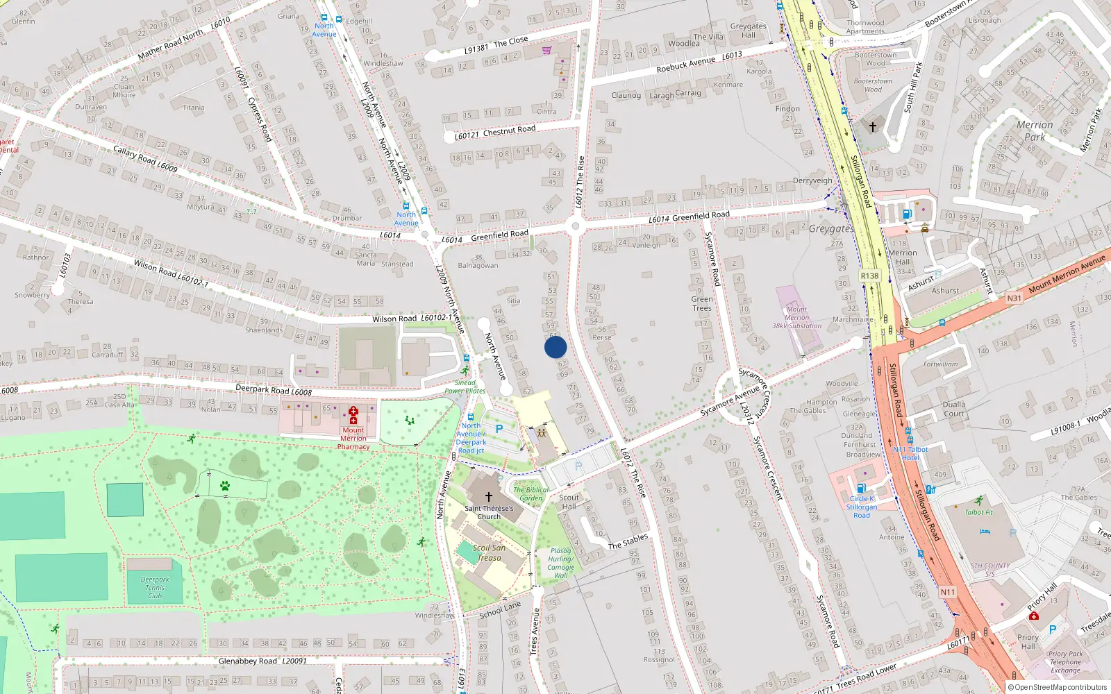 Overhead map showing the location of 63 the Rise, Mount Merrion, Co Dublin