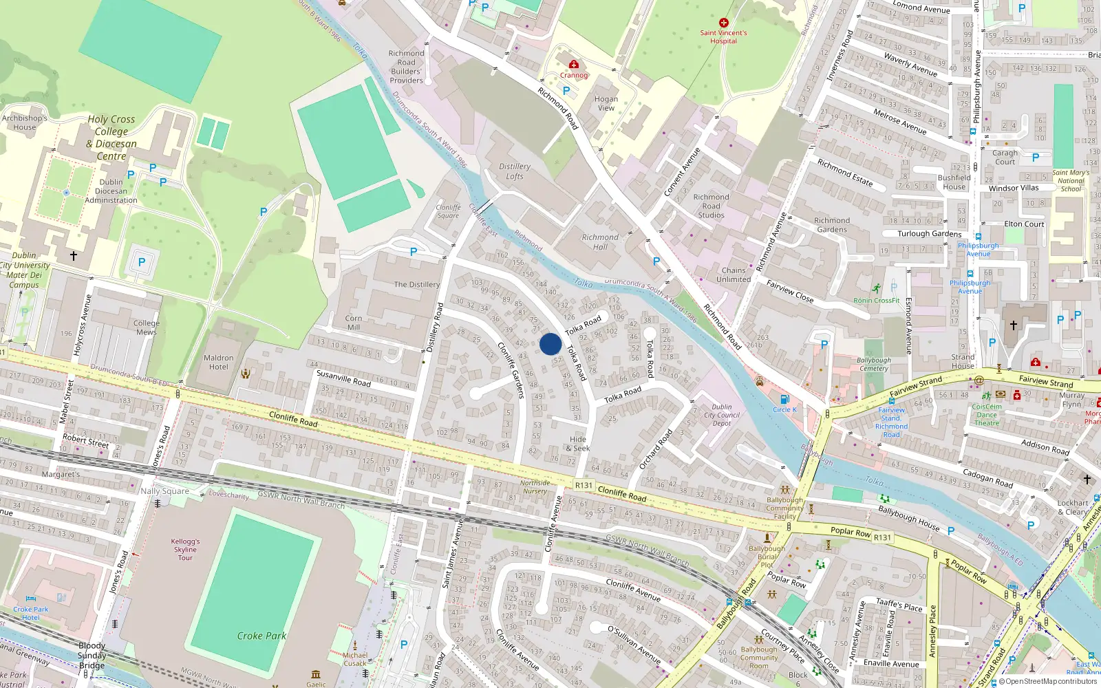Overhead map showing the location of 63 Tolka Road, Dublin 3, Dublin