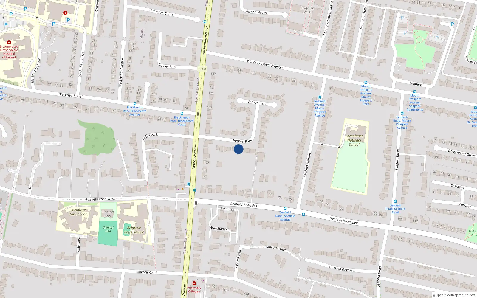 Overhead map showing the location of 63 Vernon Park, Clontarf, Dublin 3