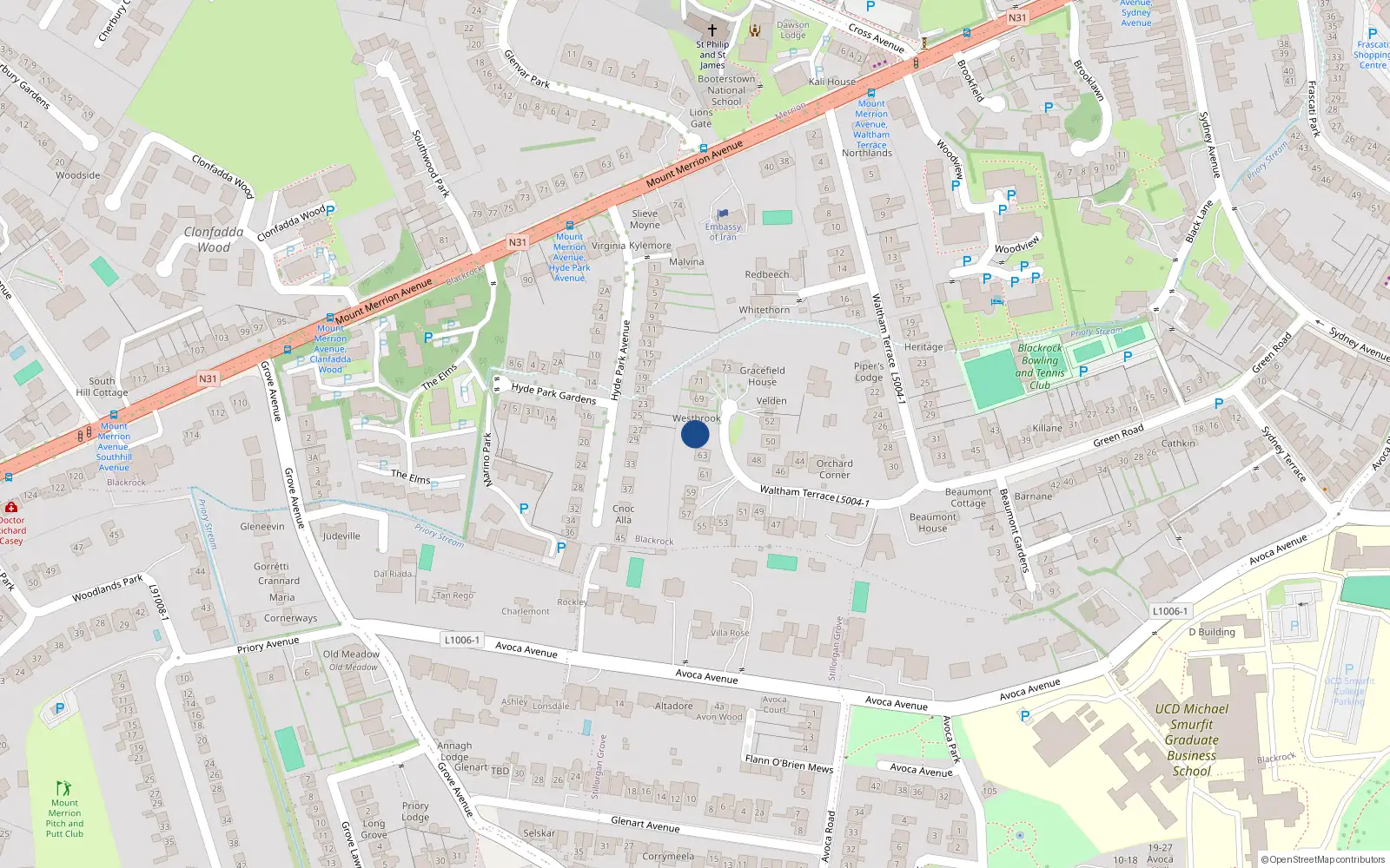 Overhead map showing the location of 63 Waltham Terrace, Blackrock