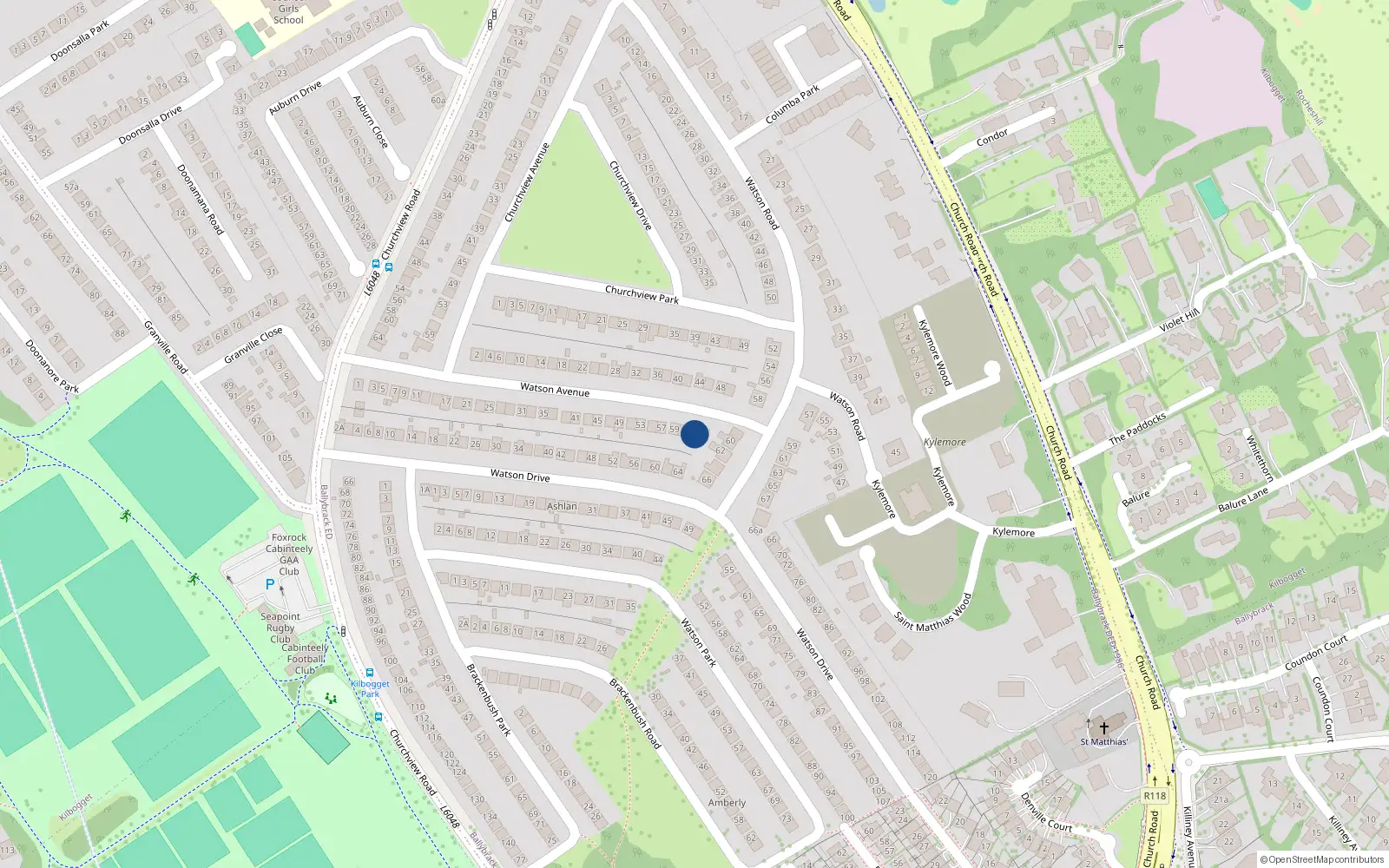 Overhead map showing the location of 63 Watson Avenue, Killiney, Dublin