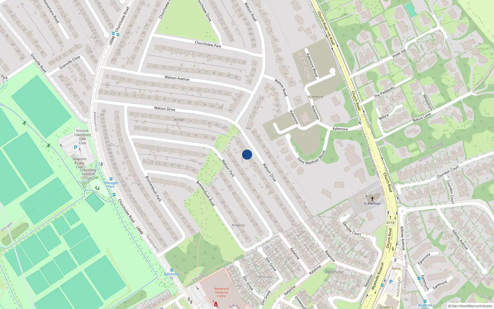 Overhead map showing the location of 63 Watson Drive, Killiney