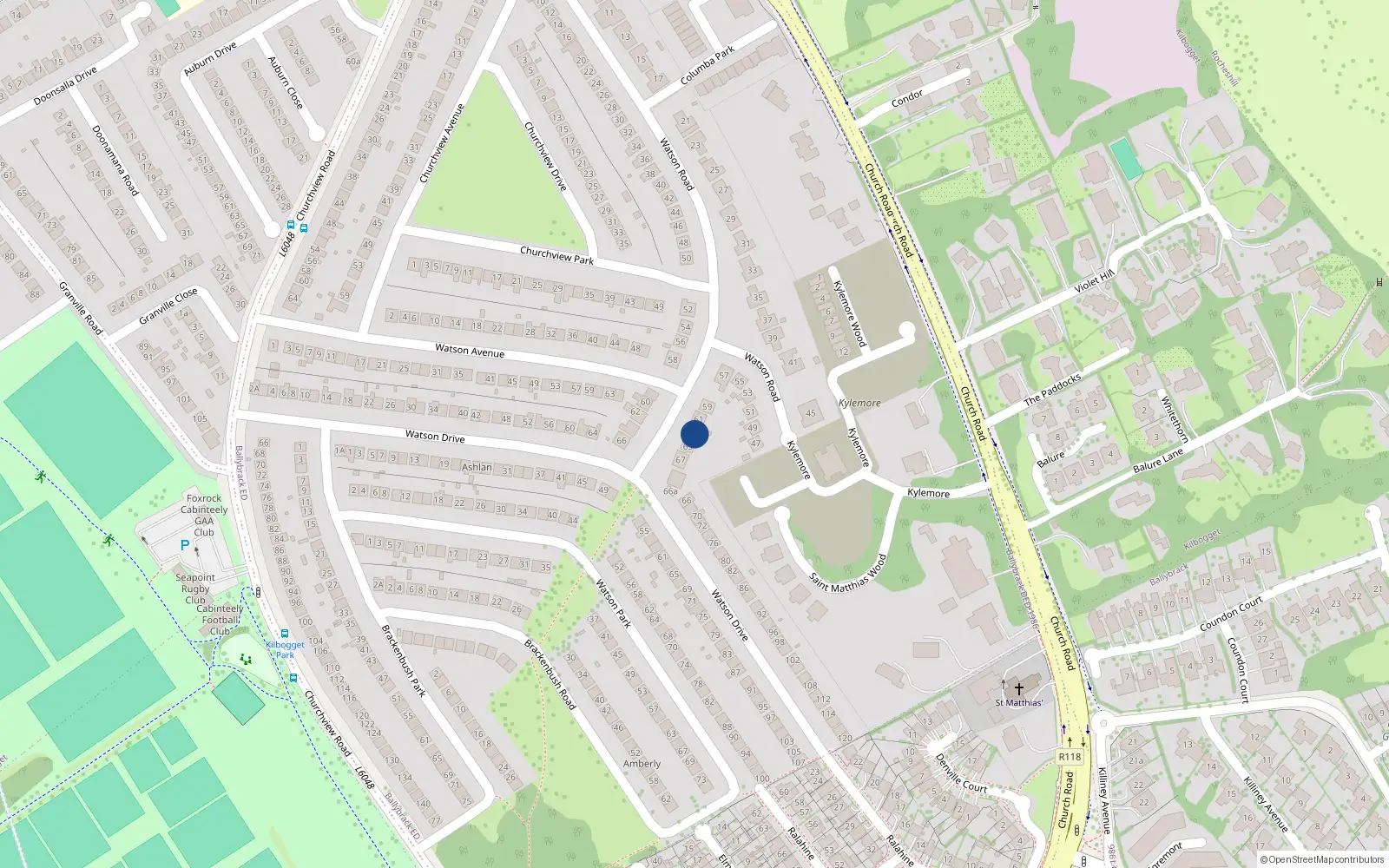 Overhead map showing the location of 63 Watson Road, Killiney
