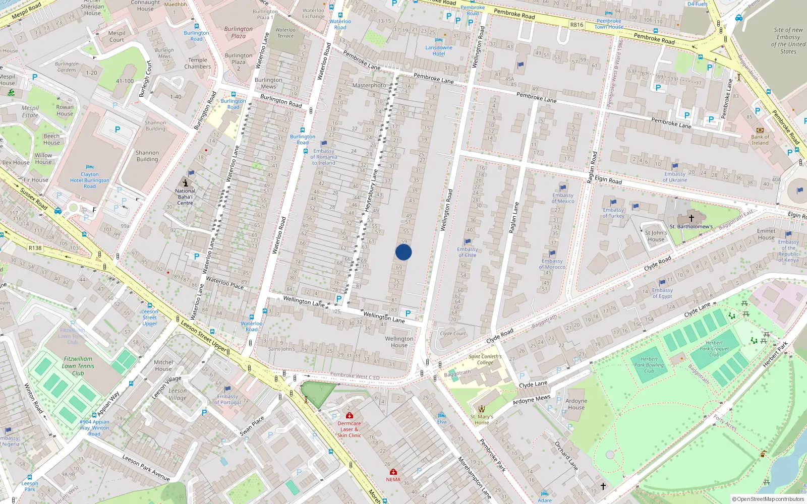 Overhead map showing the location of 63 Wellington Road, Dublin