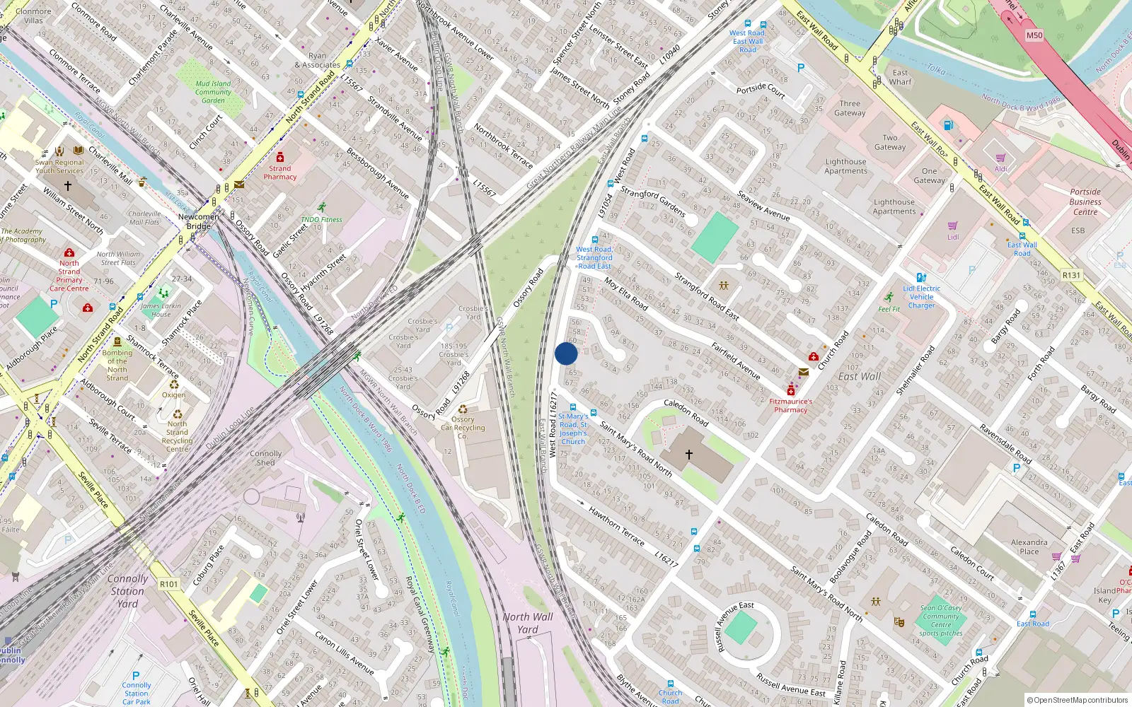 Overhead map showing the location of 63 West Road, East Wall, Dublin 3
