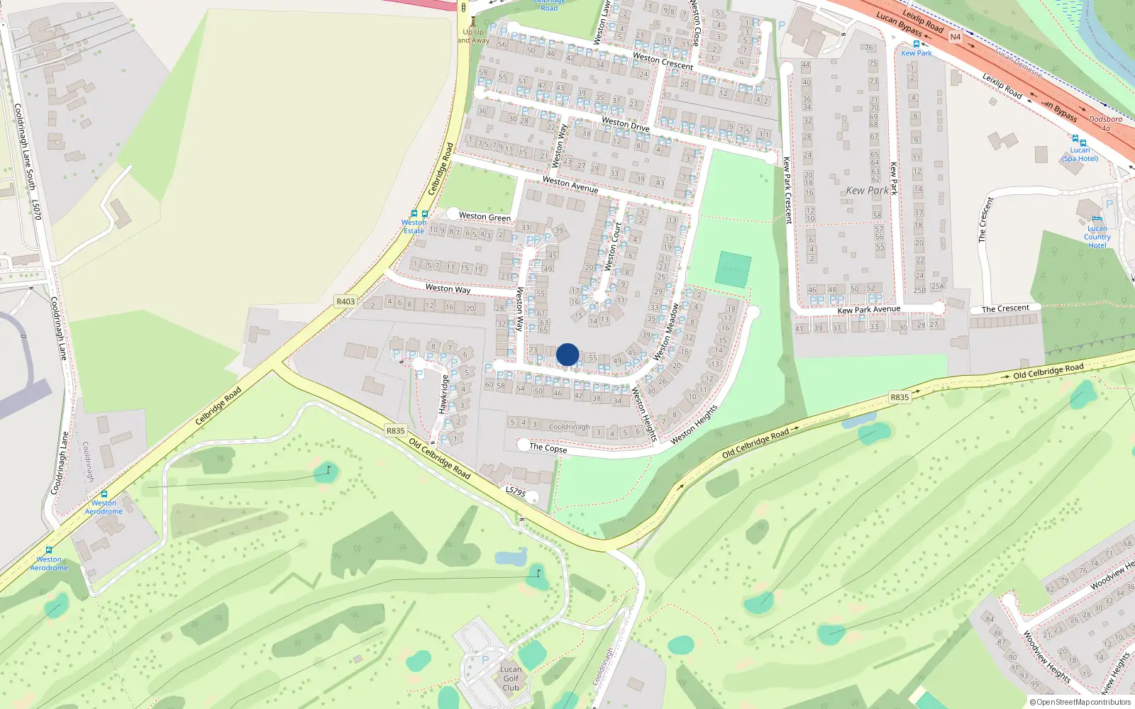 Overhead map showing the location of 63 Weston Meadow, Lucan