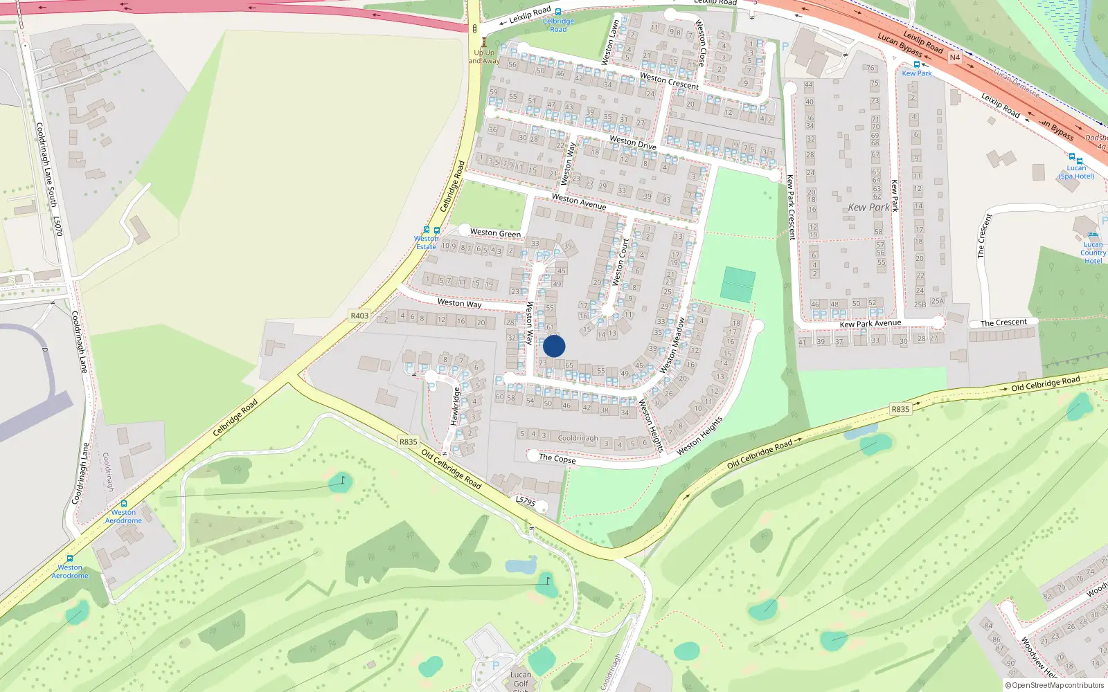 Overhead map showing the location of 63 Weston Way, Lucan