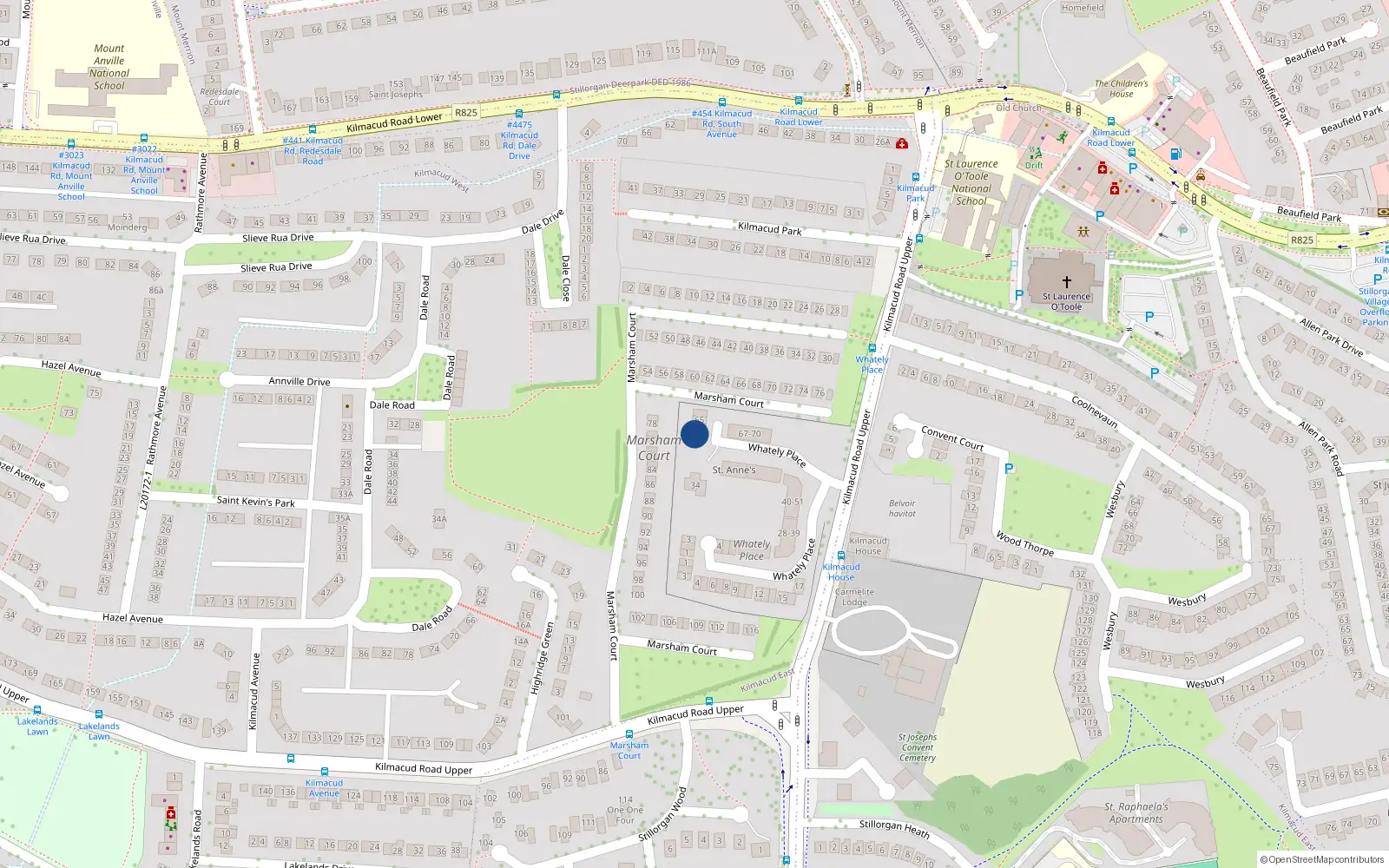 Overhead map showing the location of 63 Whatley Place, Kilmacud Road Upper, Stillorgan
