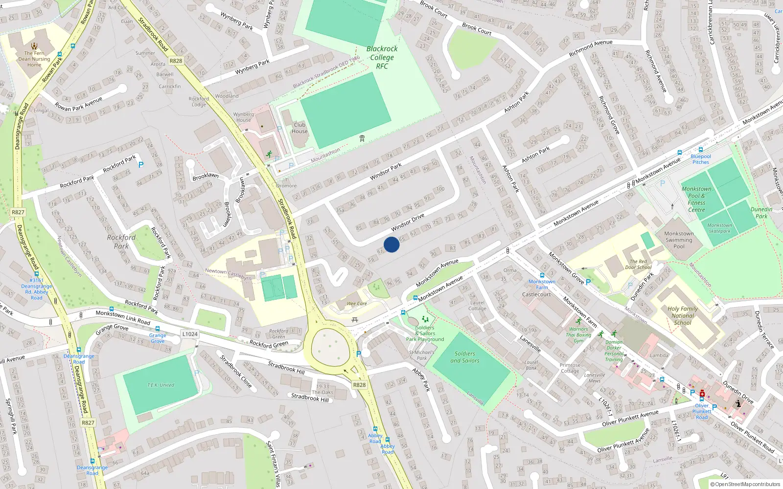 Overhead map showing the location of 63 Windsor Drive, Monkstown