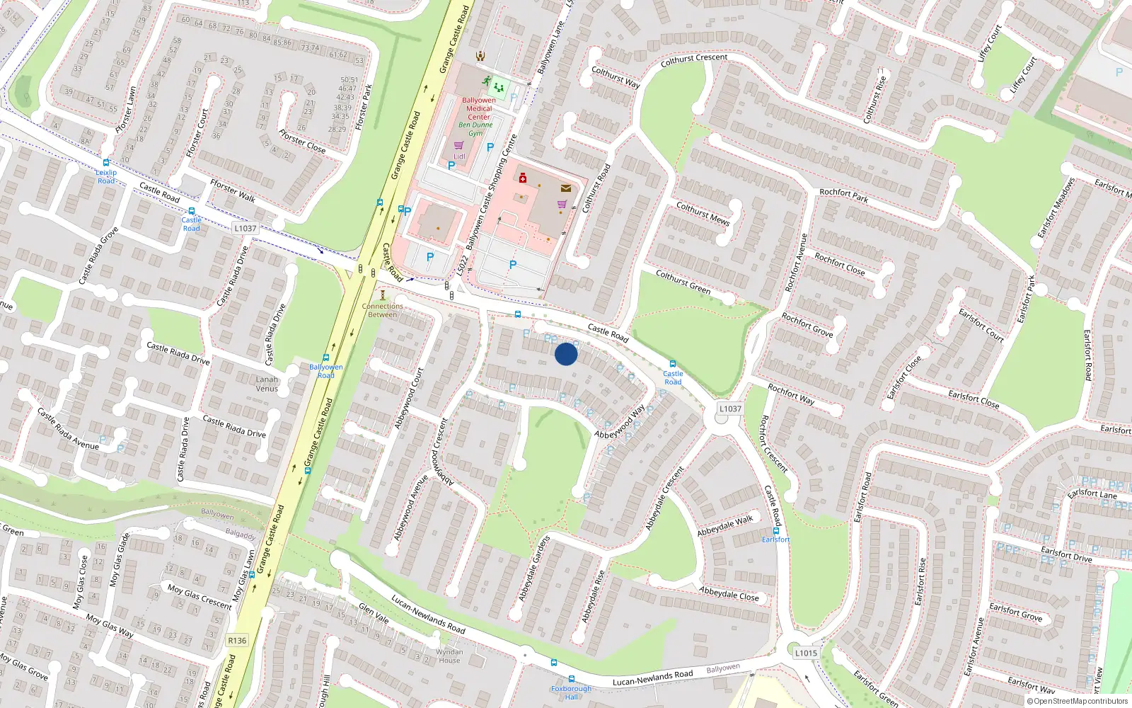 Overhead map showing the location of 64 Abbeywood Way, Lucan