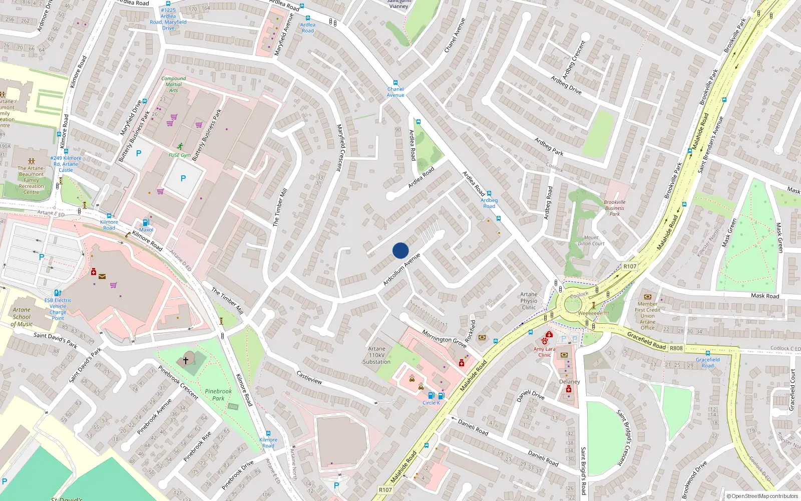 Overhead map showing the location of 64 Ardcollum Avenue, Dublin 5