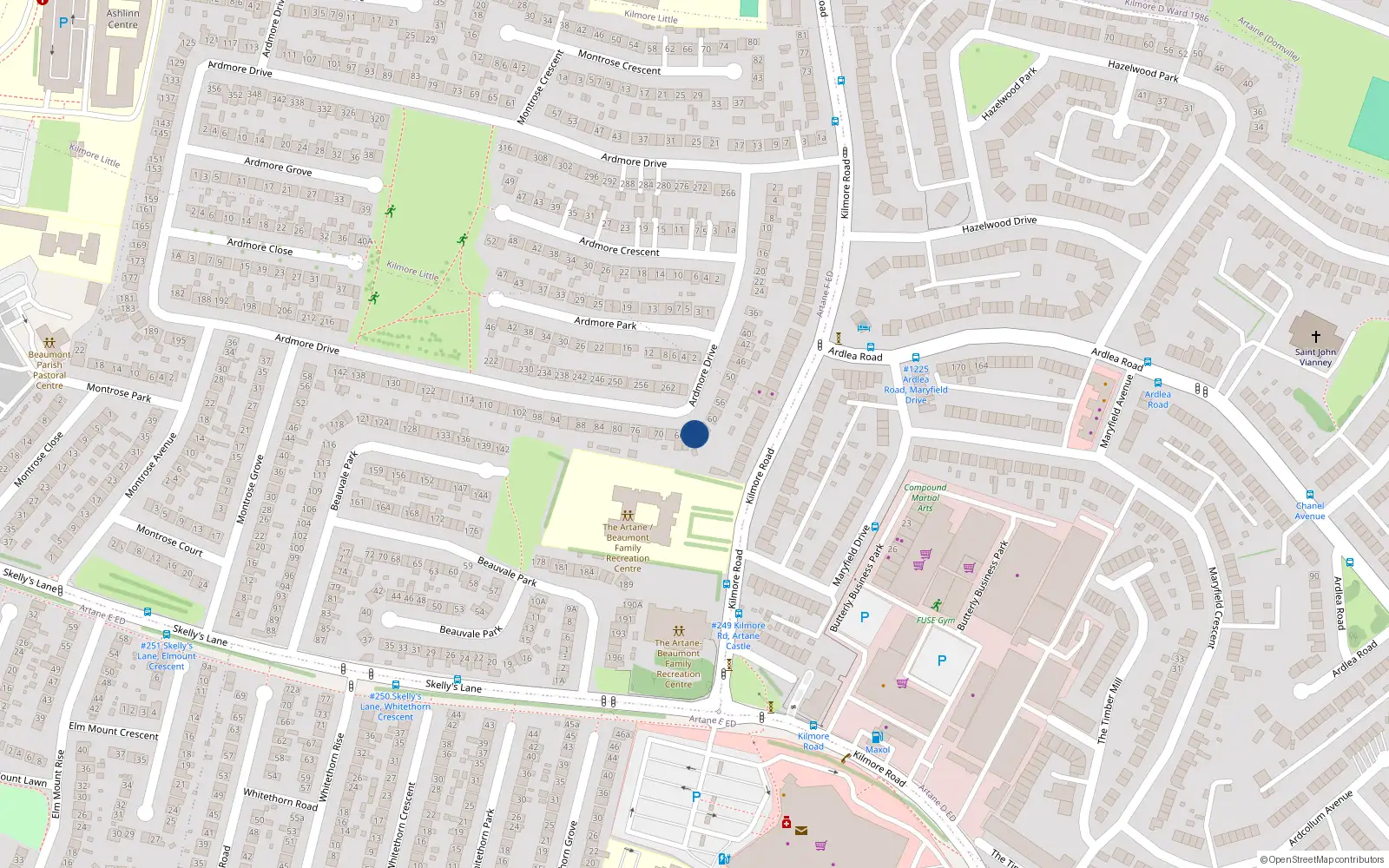 Overhead map showing the location of 64 Ardmore Drive, Artane, Dublin 5