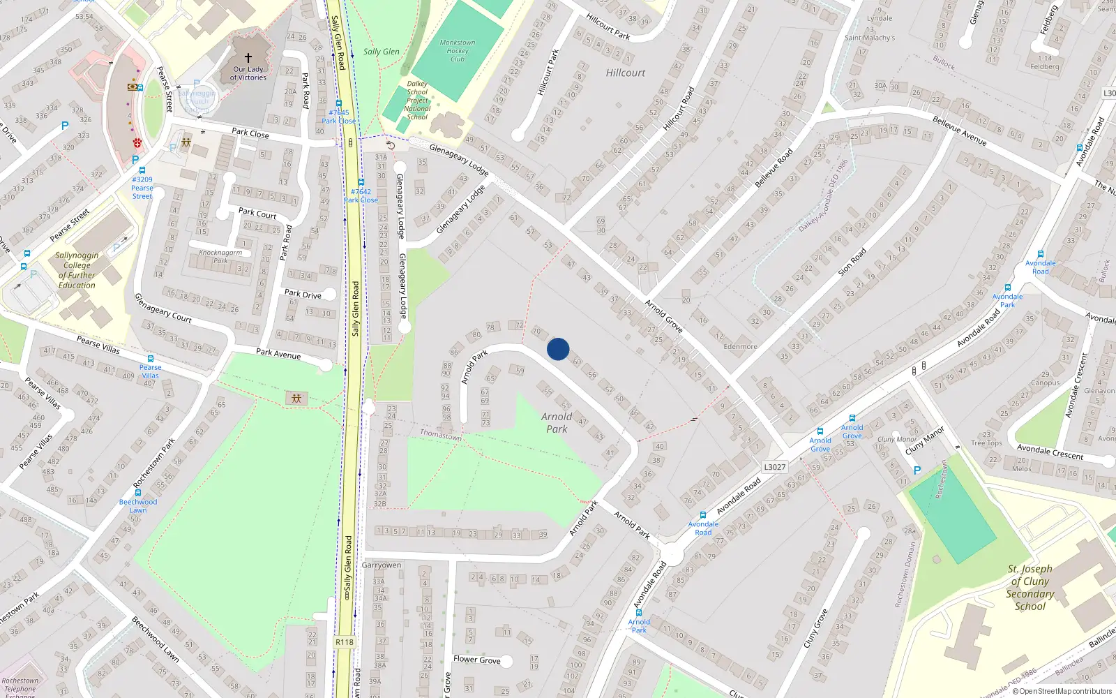 Overhead map showing the location of 64 Arnold Park, Glenageary, Dun Laoghaire