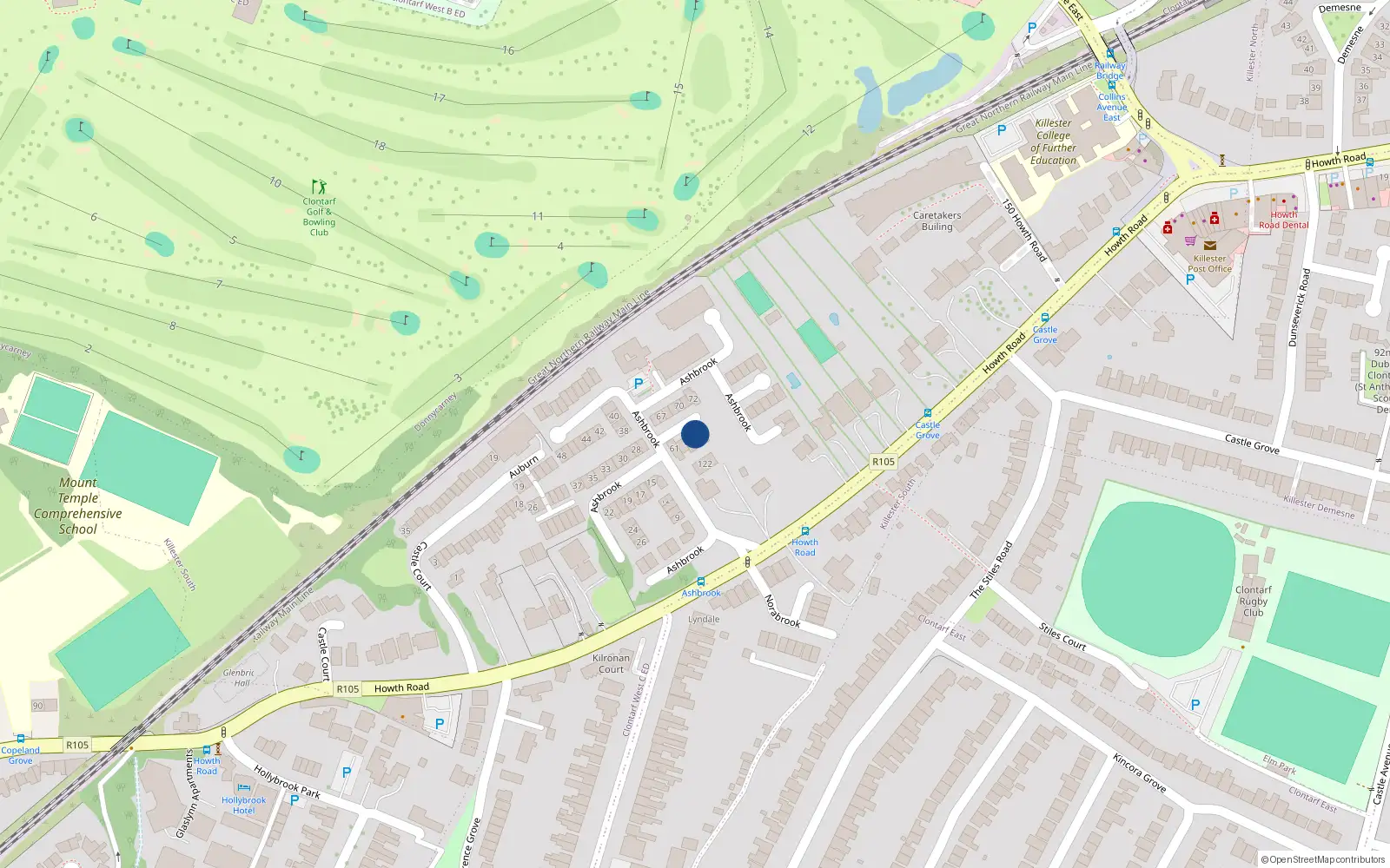 Overhead map showing the location of 64 Ashbrook, Dublin 3