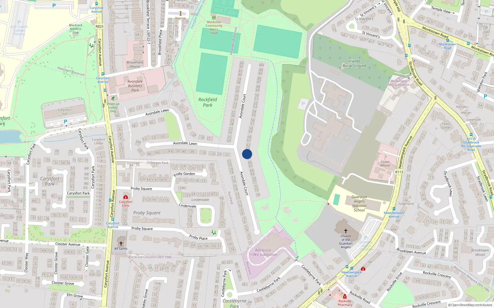 Overhead map showing the location of 64 Avondale Court, Blackrock, Dublin